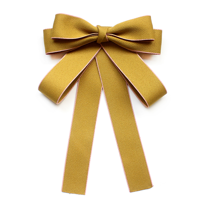 Jabot Style Bow Tie with Shizha Brooch - Mustard with pink trim - Image 7