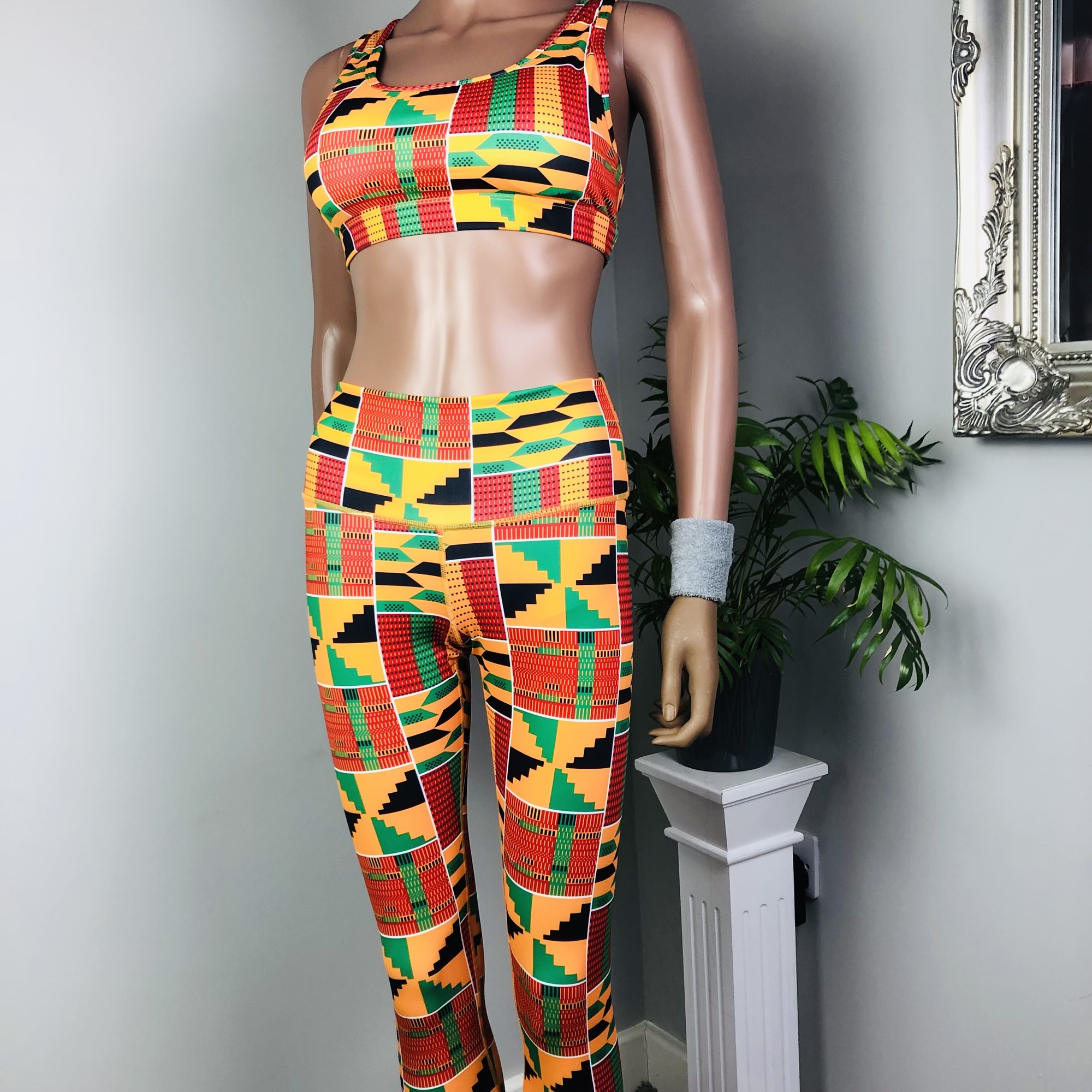 Kente 2-piece High Waist Fitness Leggings and Sports Bra Set - Image 9