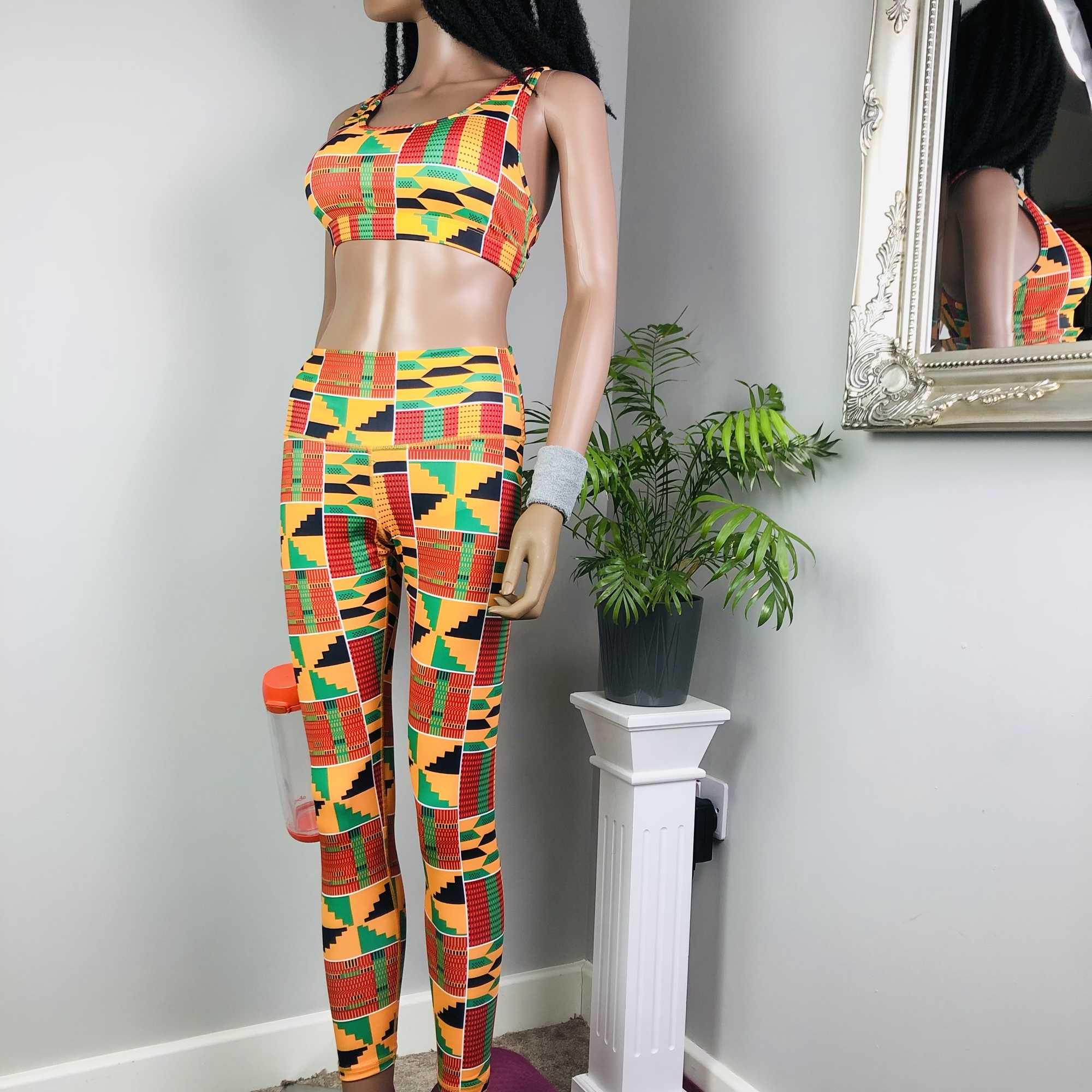 Kente 2-piece High Waist Fitness Leggings and Sports Bra Set - Image 7