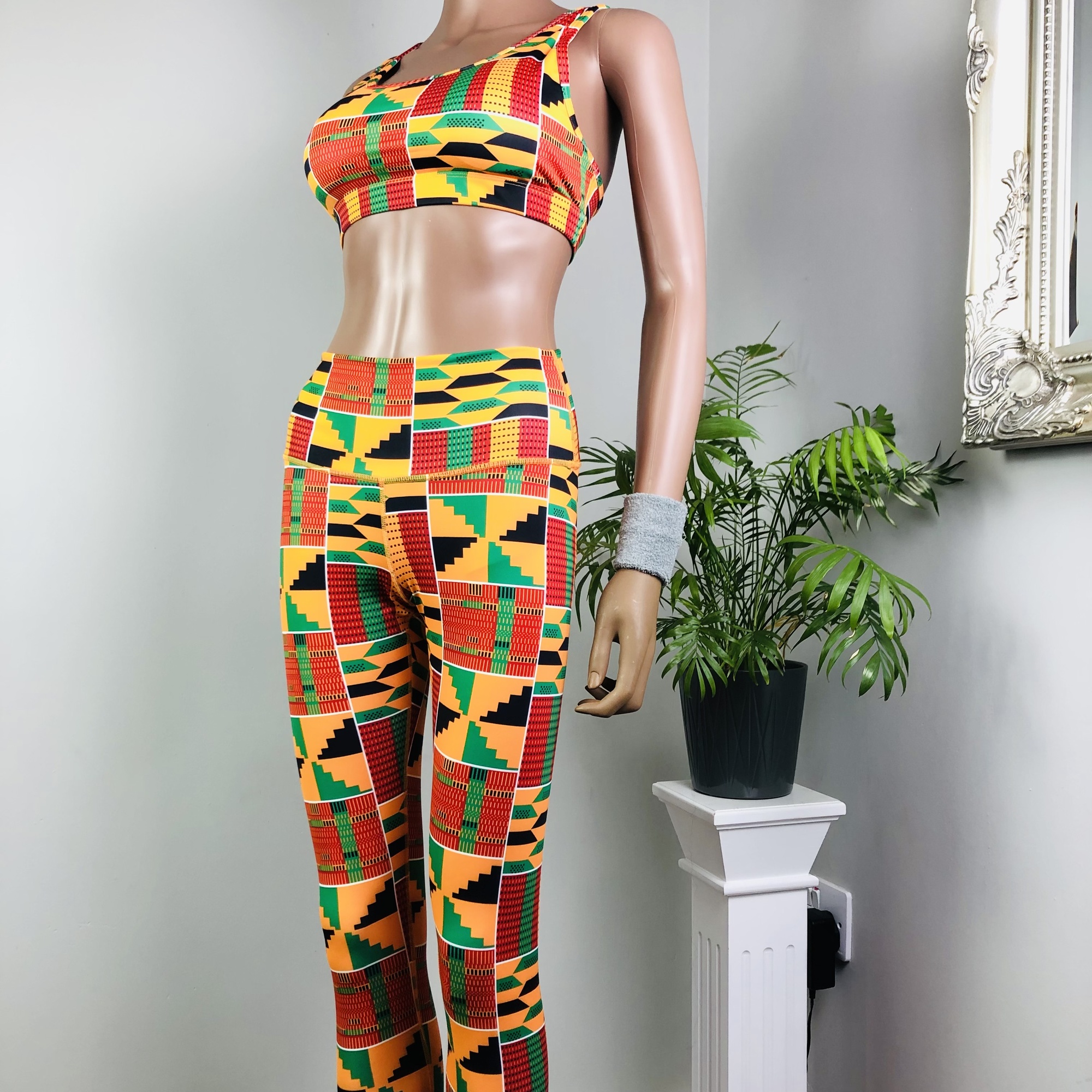 Kente 2-piece High Waist Fitness Leggings and Sports Bra Set - Image 11