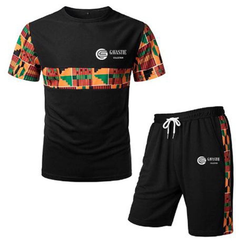 Black Kenterised 2-Piece Men's African Print Mesh Quick Dry Fitness Shorts and T-shirt