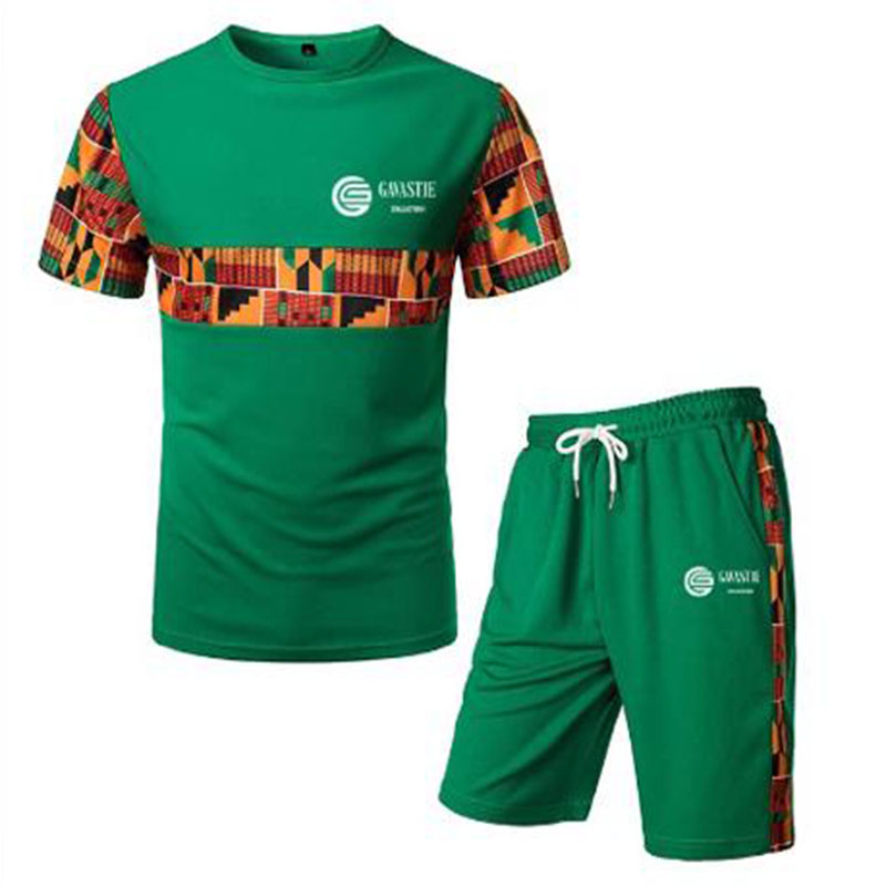 Green Kenterised 2-Piece Men's African Print Mesh Quick Dry Fitness Shorts and T-shirt