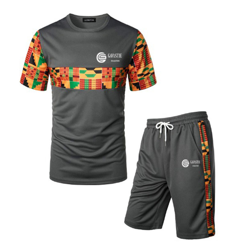 Light Grey Kenterised 2-Piece Men's African Print Mesh Quick Dry Fitness Shorts and T-shirt