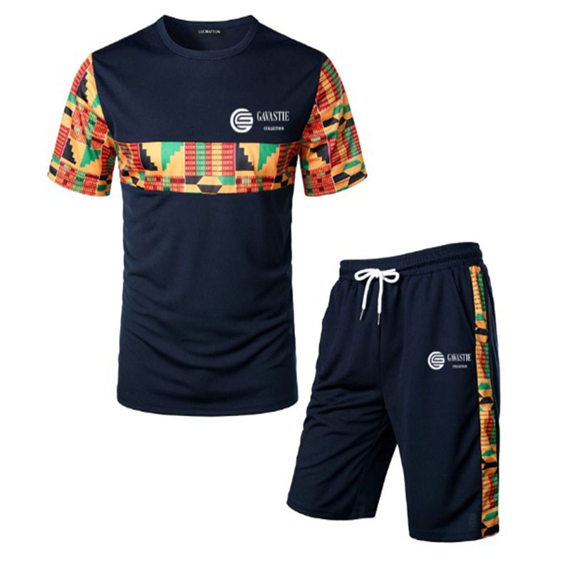 Navy Kenterised 2-Piece Men's African Print Mesh Quick Dry Fitness Shorts and T-shirt