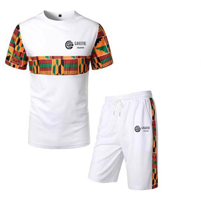 White Kenterised 2-Piece Men's African Print Mesh Quick Dry Fitness Shorts and T-shirt