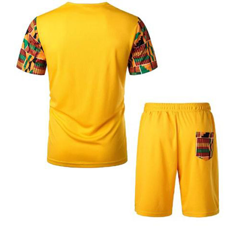 Yellow Kenterised 2-Piece Men's African Print Mesh Quick Dry Fitness Shorts and T-shirt - Image 6