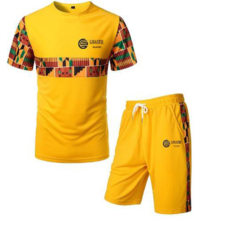 Yellow Kenterised 2-Piece Men's African Print Mesh Quick Dry Fitness Shorts and T-shirt