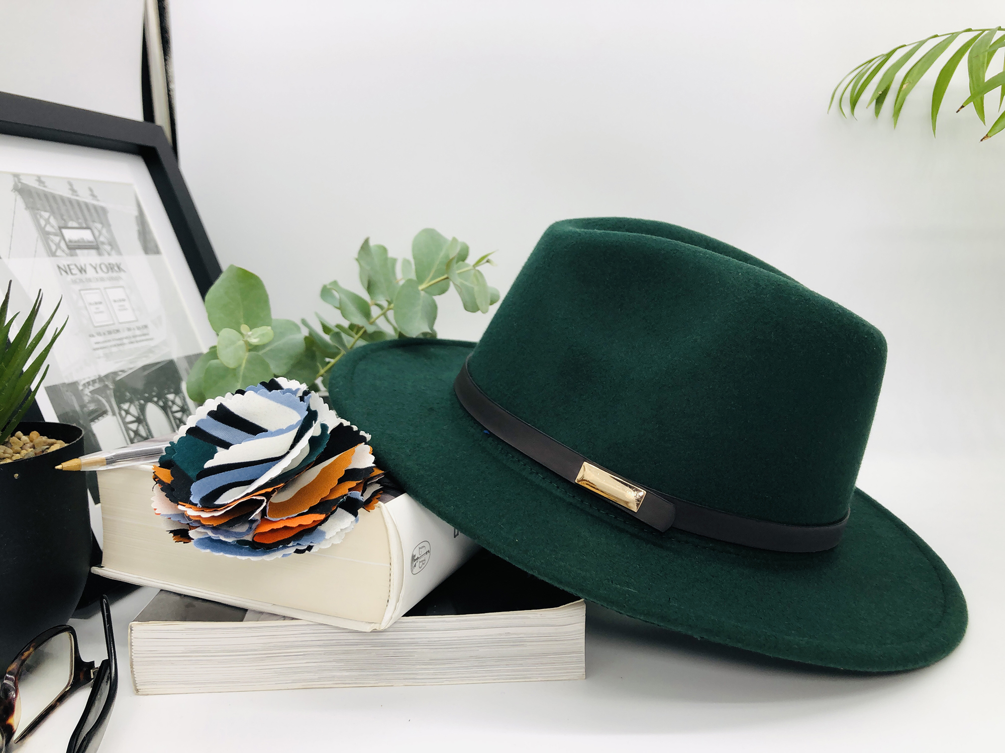 Dark Green Fedora Hat with Removable Matope African Print pin - Image 8