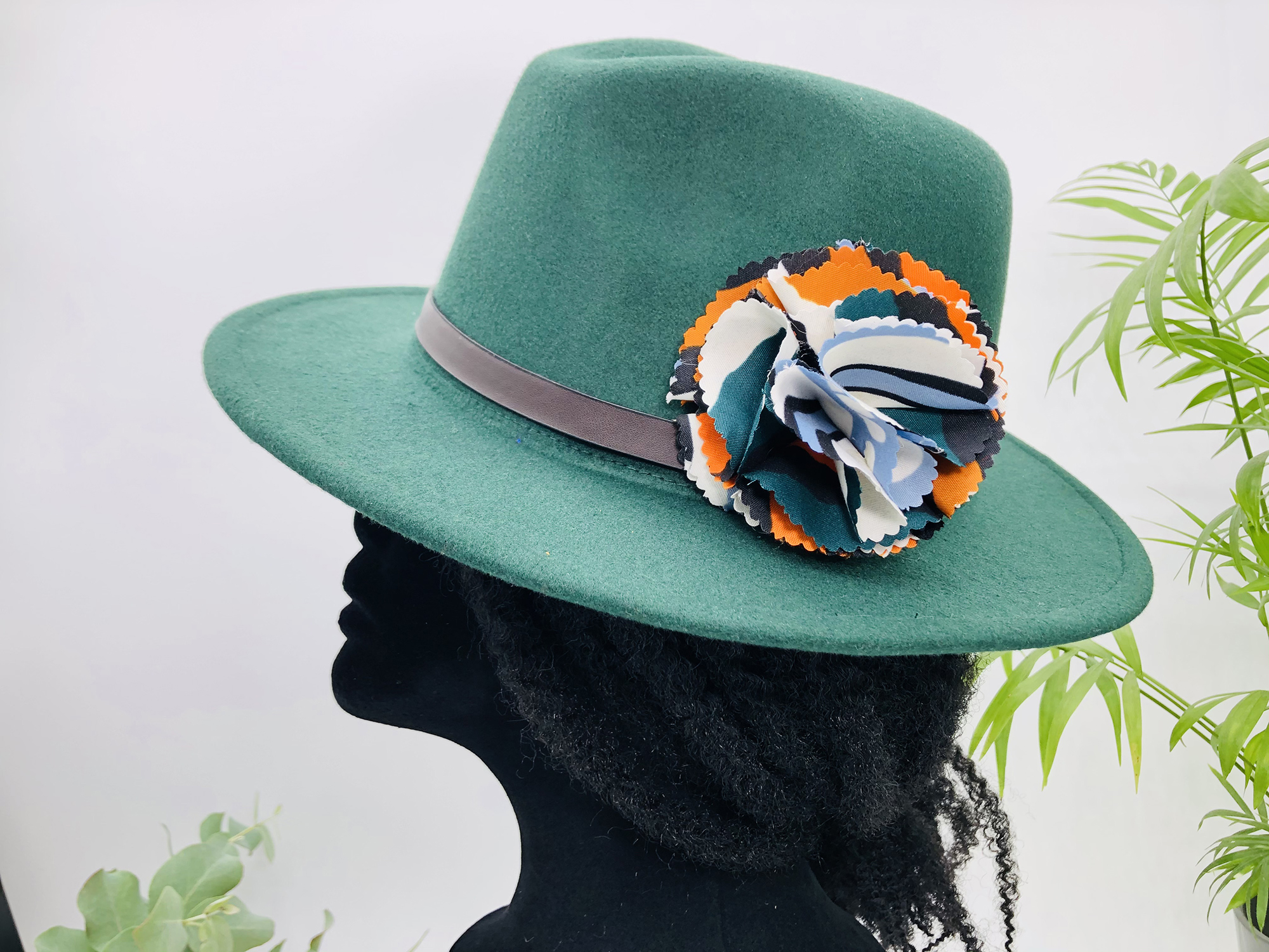Dark Green Fedora Hat with Removable Ngura African Print pin