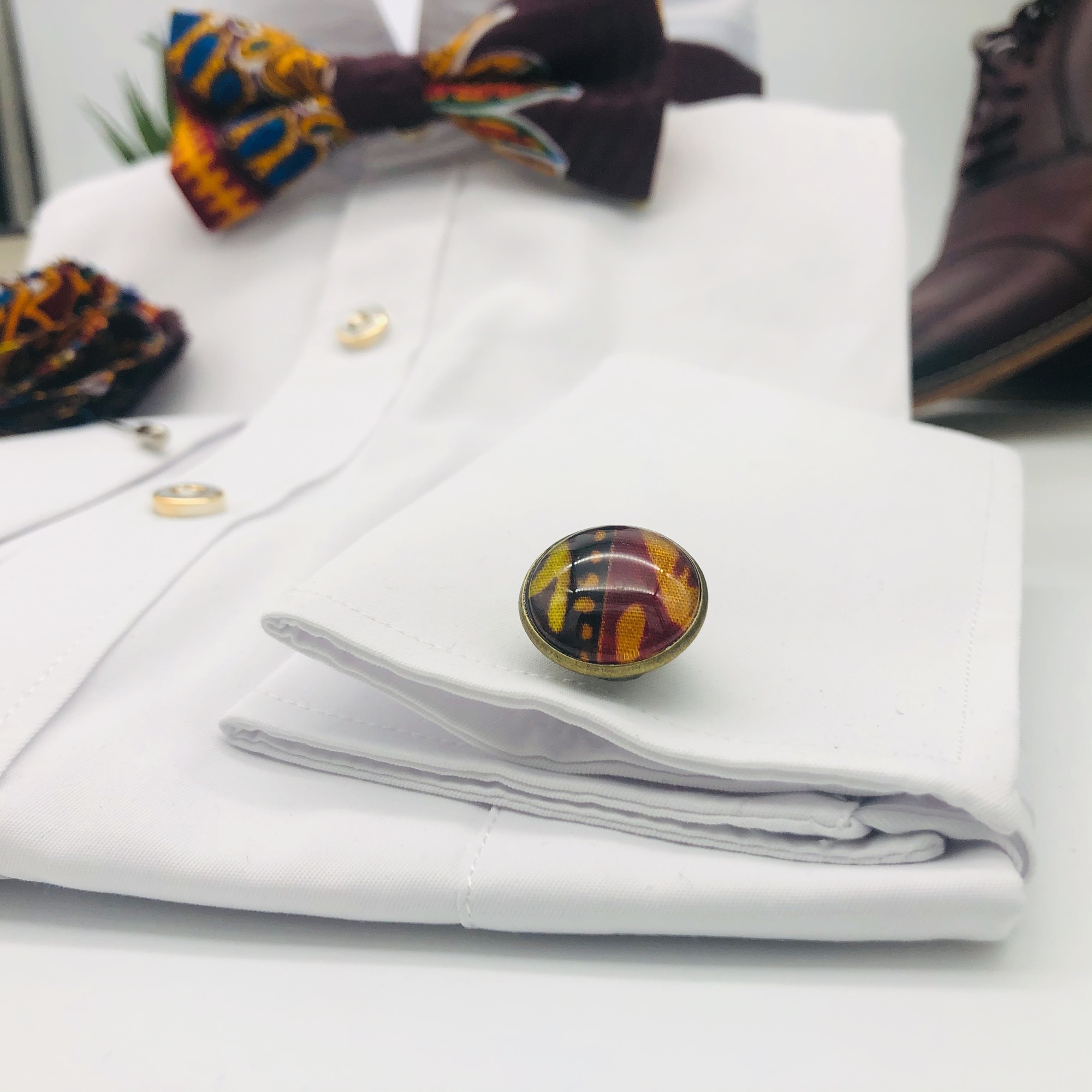 Dashiki African Print Bow Tie, Cufflink and Lapel boutonniere Set - Image 5