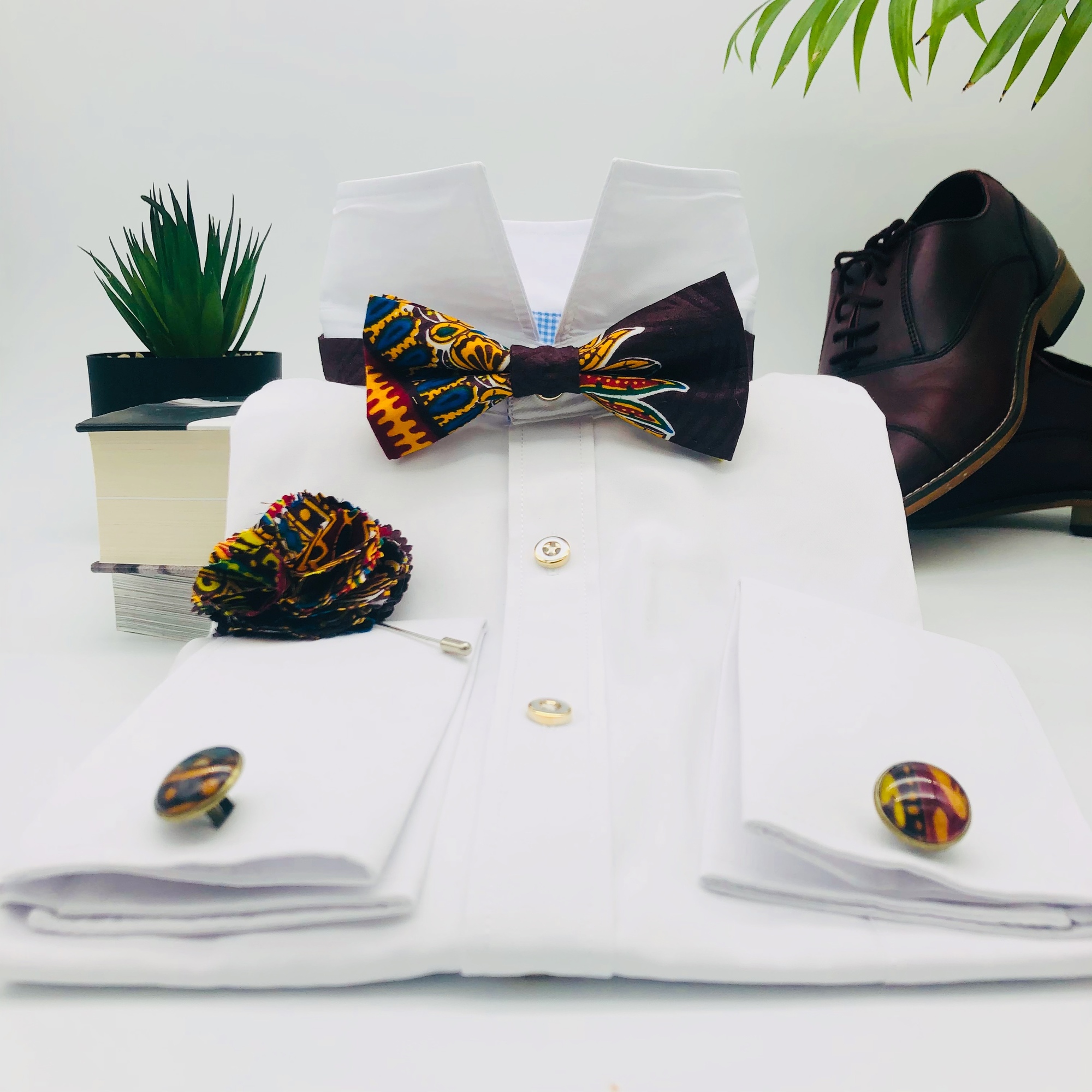 Dashiki African Print Bow Tie, Cufflink and Lapel boutonniere Set - Image 4