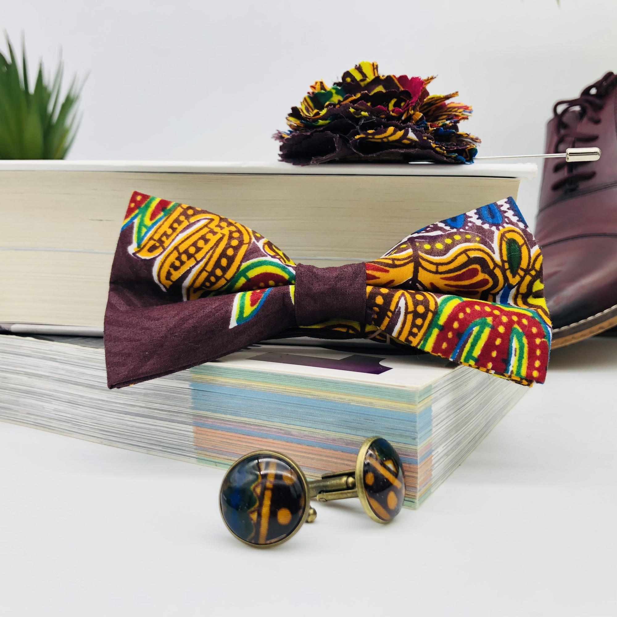 Dashiki African Print Bow Tie, Cufflink and Lapel boutonniere Set