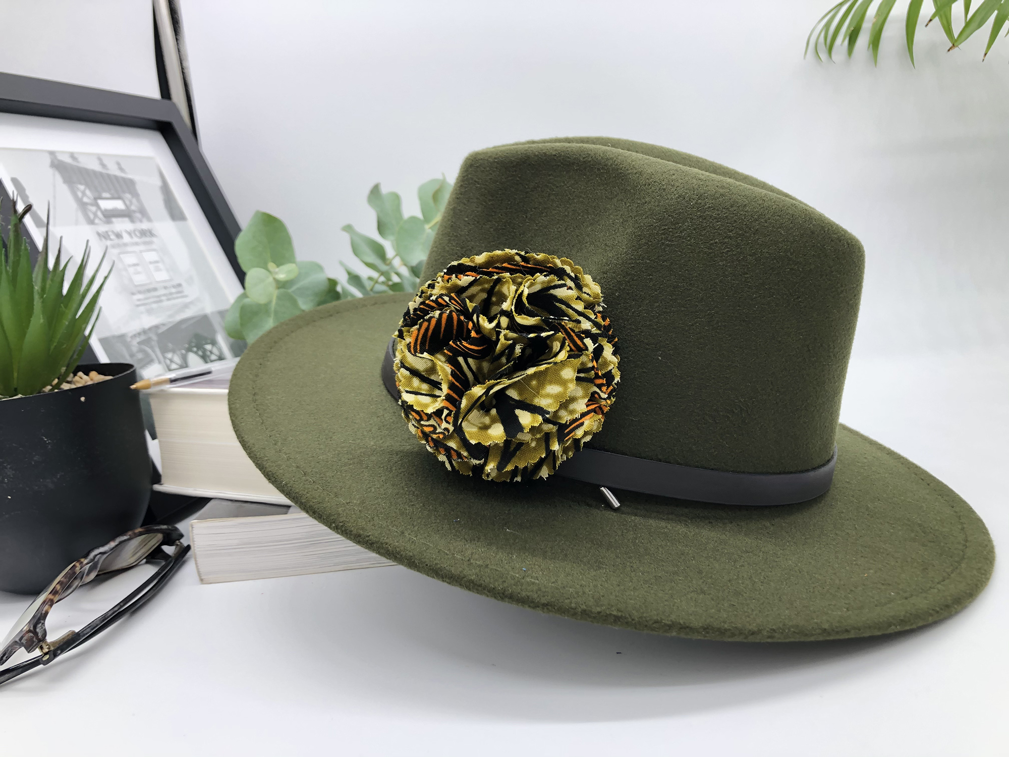 Olive Green Fedora Hat with Removable Shizha African Print Pin