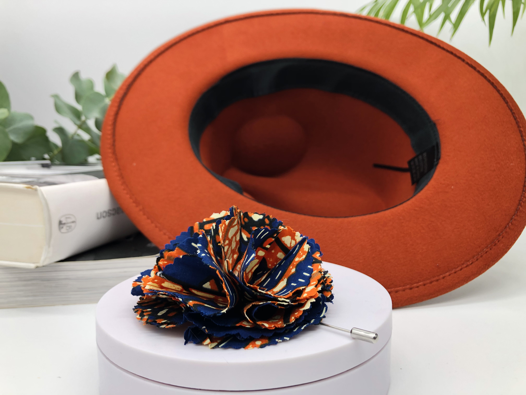 Terracotta Fedora hat with removable Ngura African print pin - Image 9
