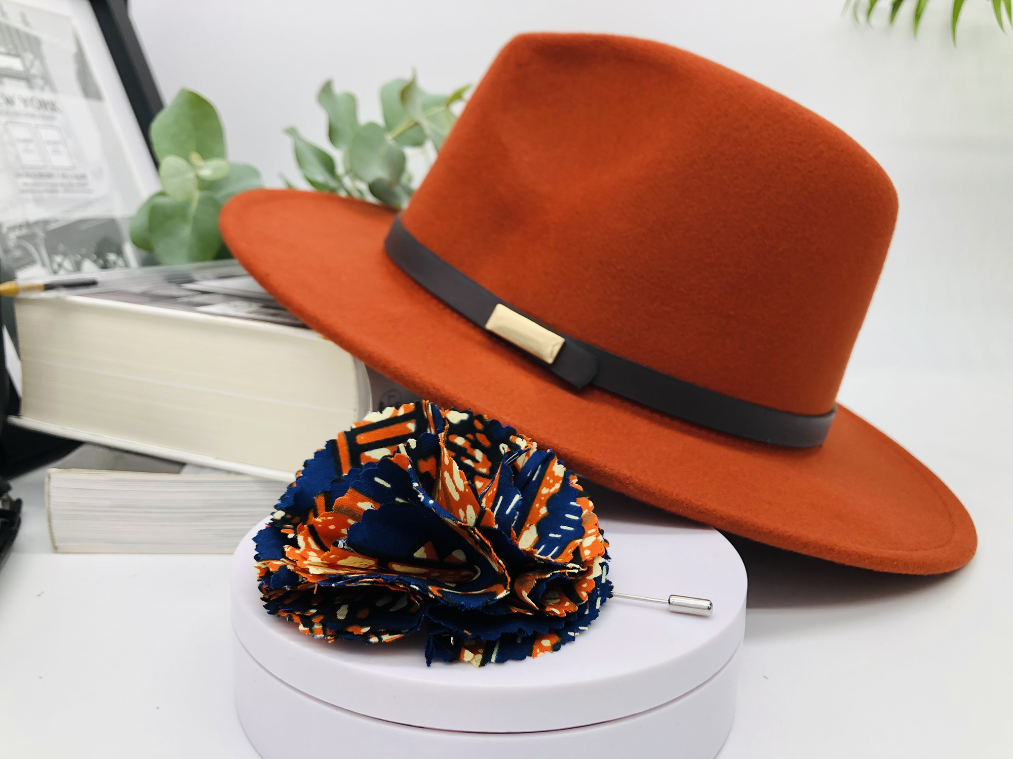 Terracotta Fedora hat with removable Ngura African print pin - Image 8