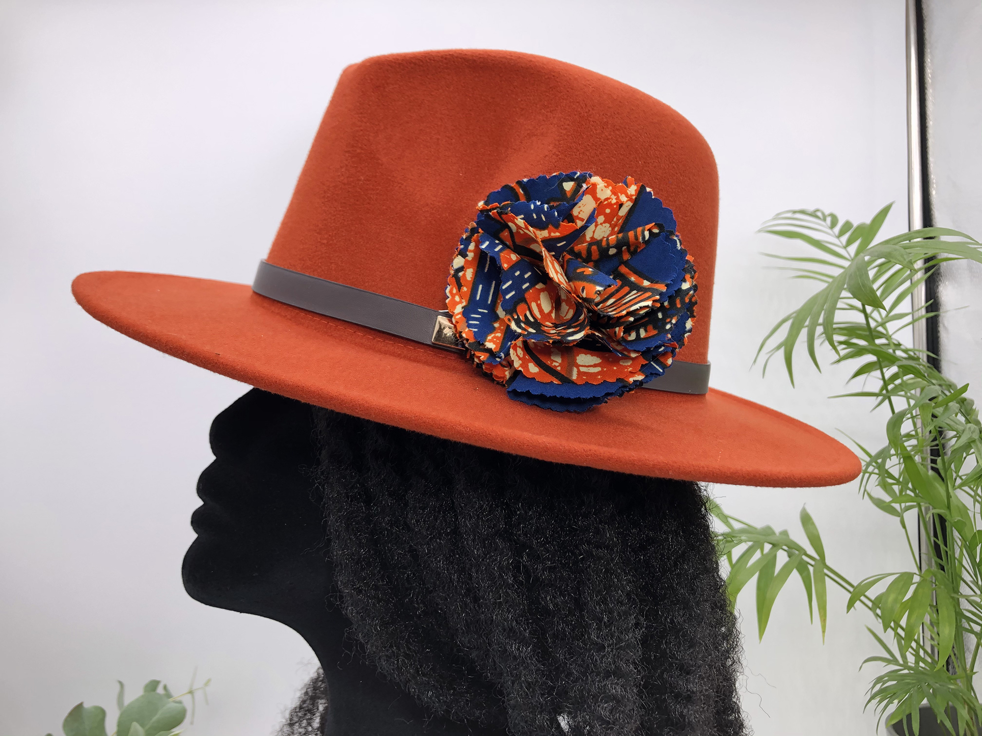 Terracotta Fedora hat with removable Ngura African print pin - Image 3