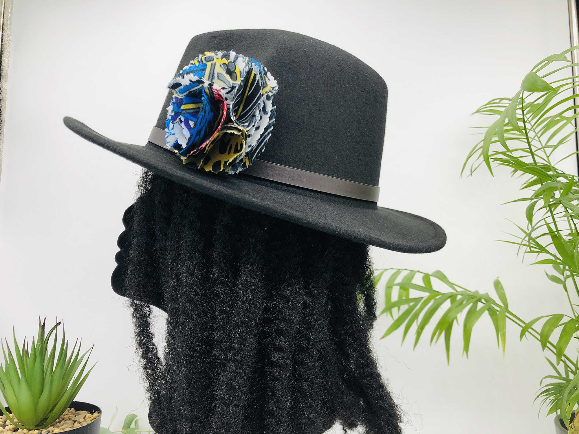 Black Fedora Hat with removable Adalu African Print Pin - Image 3