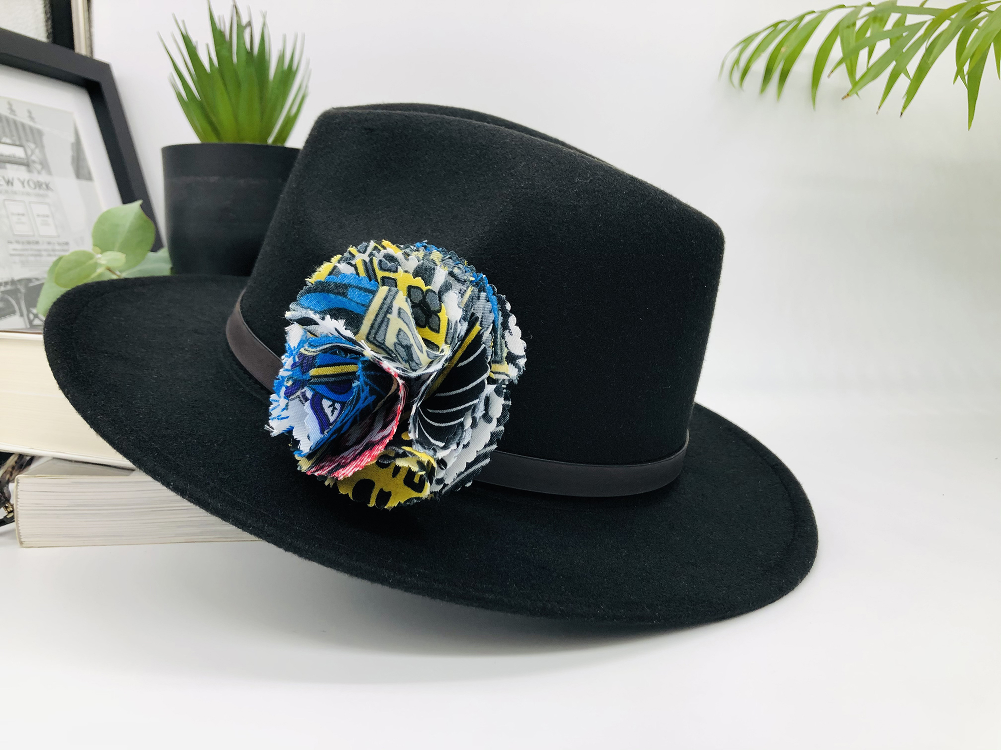 Black Fedora Hat with removable Adalu African Print Pin