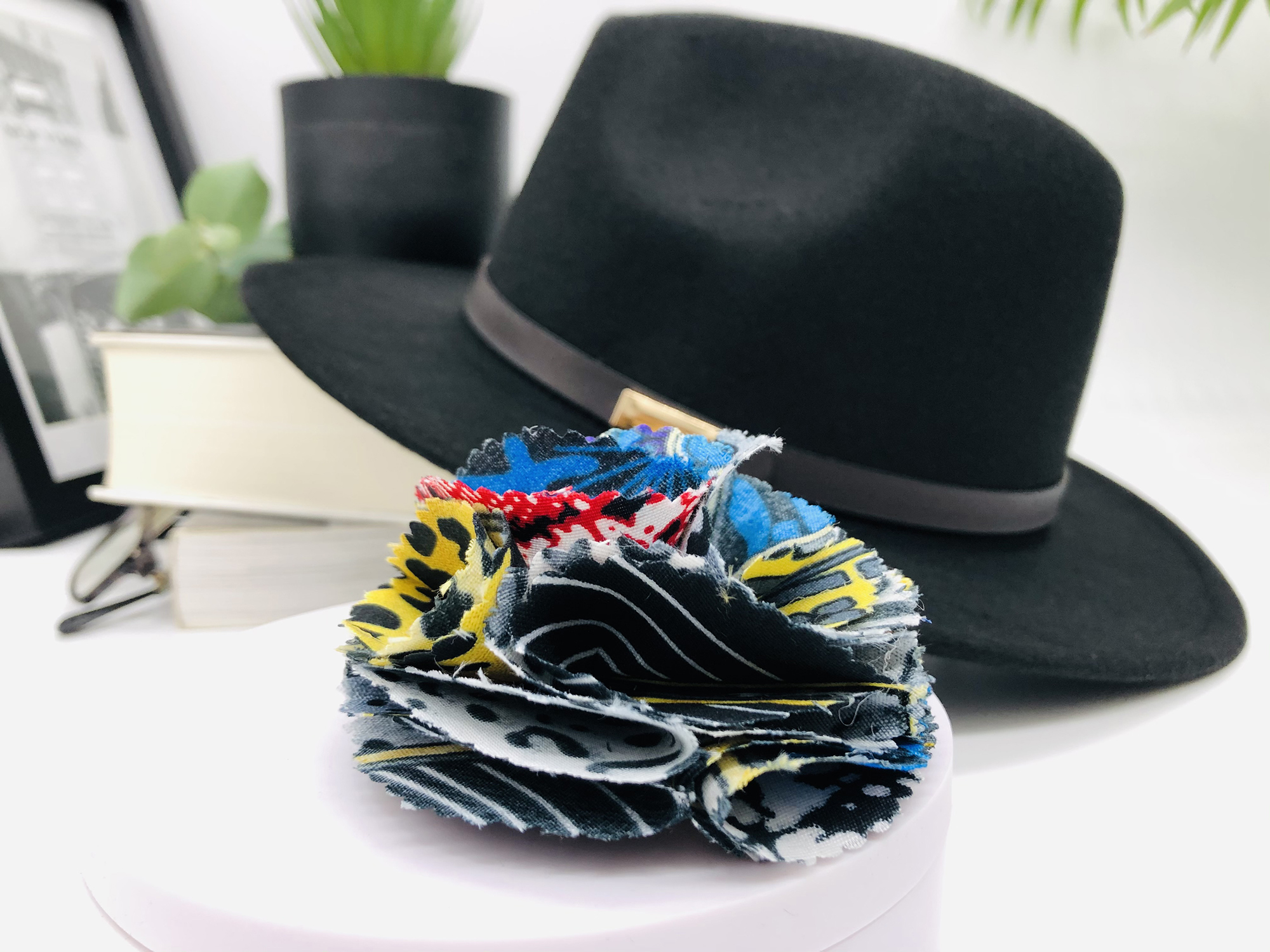 Black Fedora Hat with removable Adalu African Print Pin - Image 4