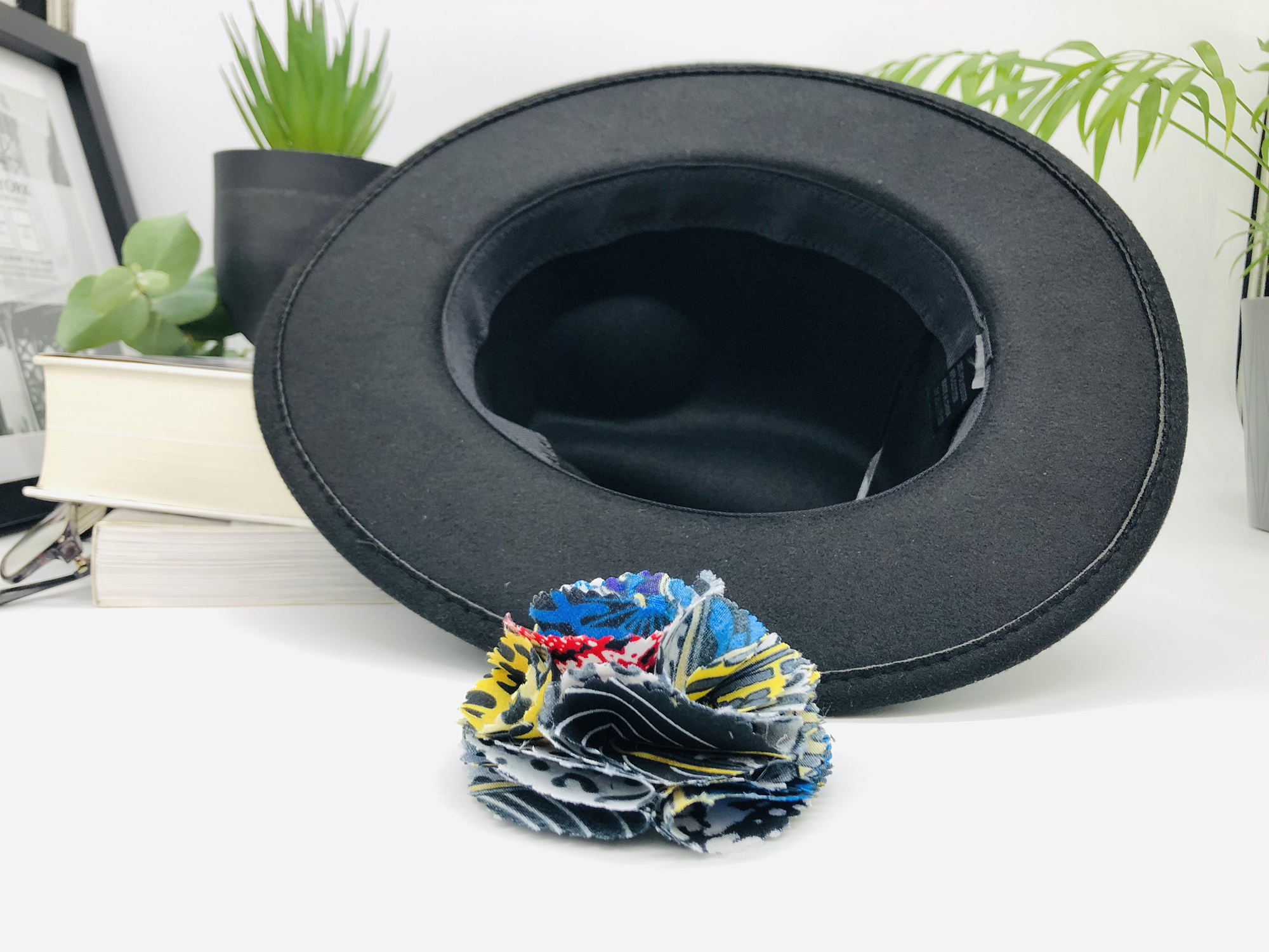 Black Fedora Hat with removable Adalu African Print Pin - Image 8
