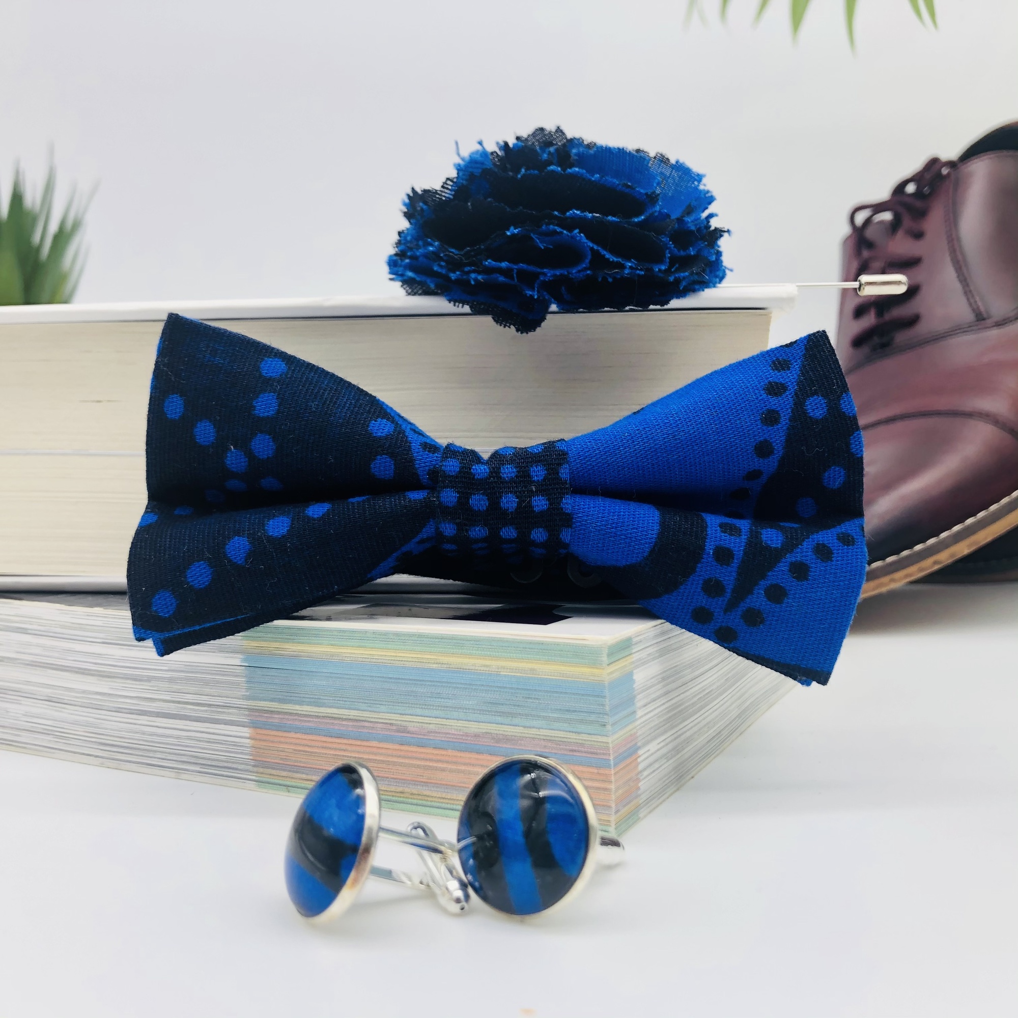Kanga African Print Bow Tie, Cufflink and Lapel Boutonniere Set