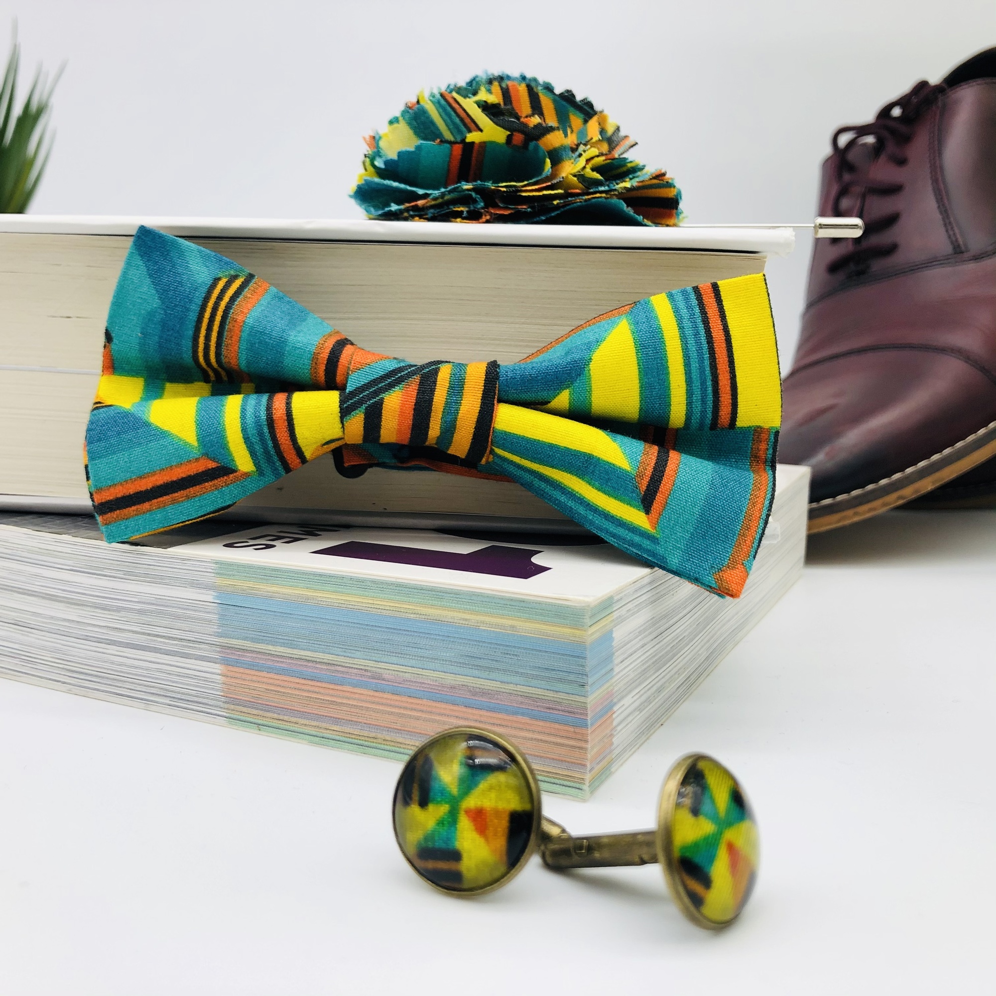 Kenterised African Print Bow Tie, Cufflink and Lapel  Boutonniere Set