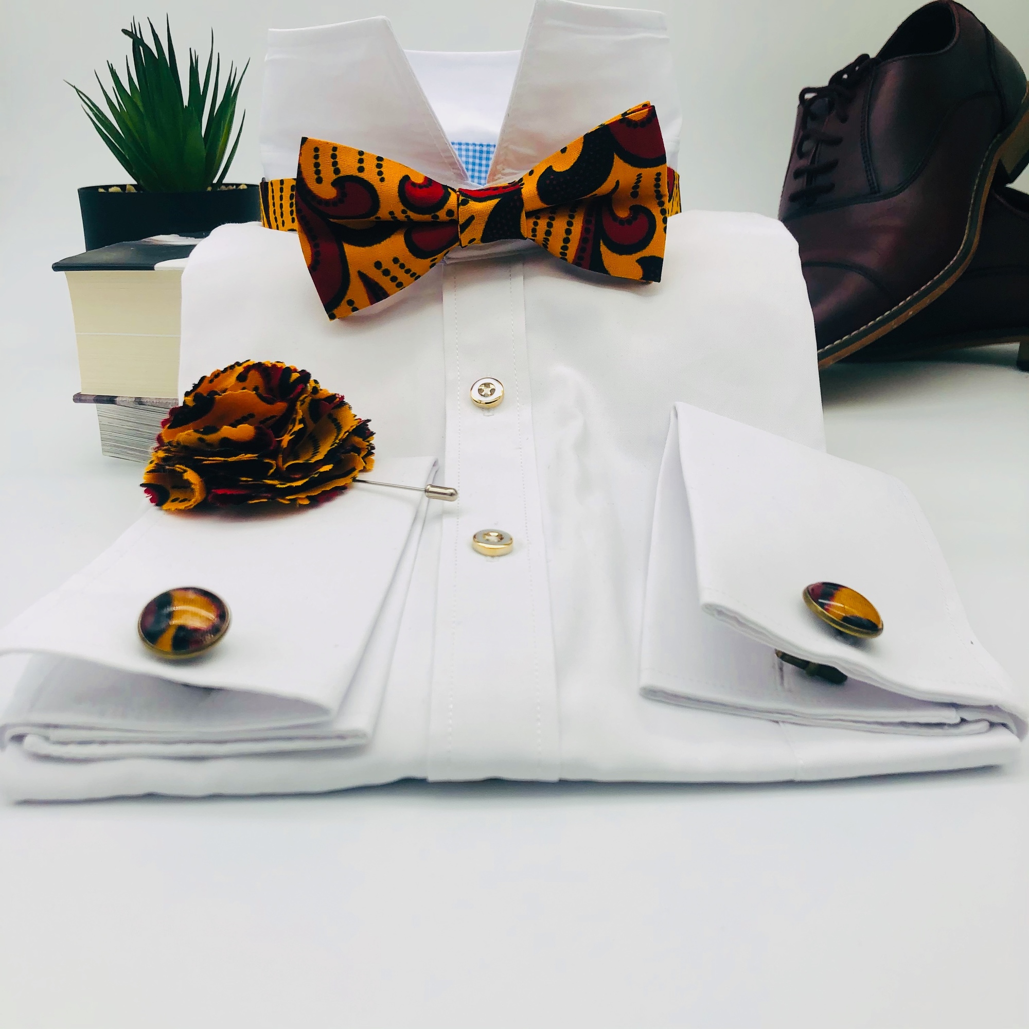 Khoho African Print Bow Tie, Cufflink and Lapel Boutonniere Set - Image 4