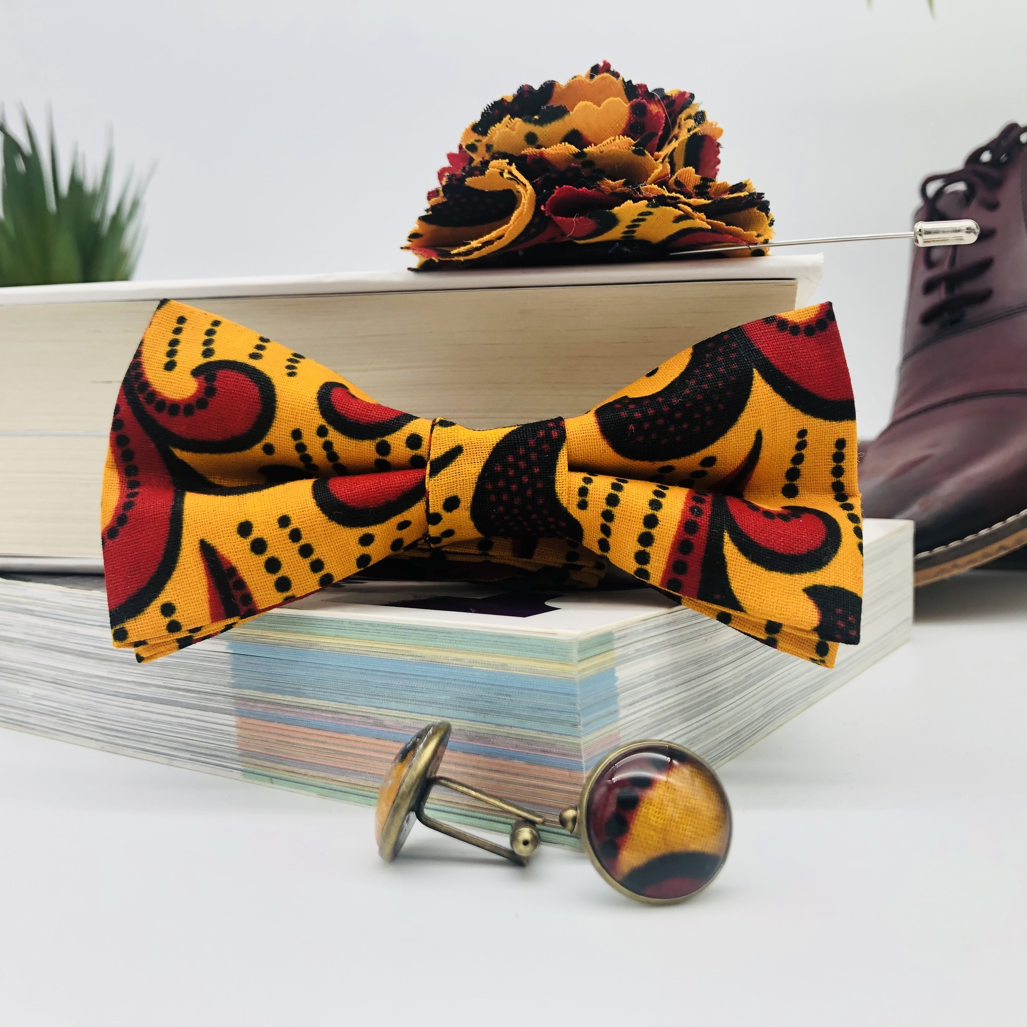 Khoho African Print Bow Tie, Cufflink and Lapel Boutonniere Set