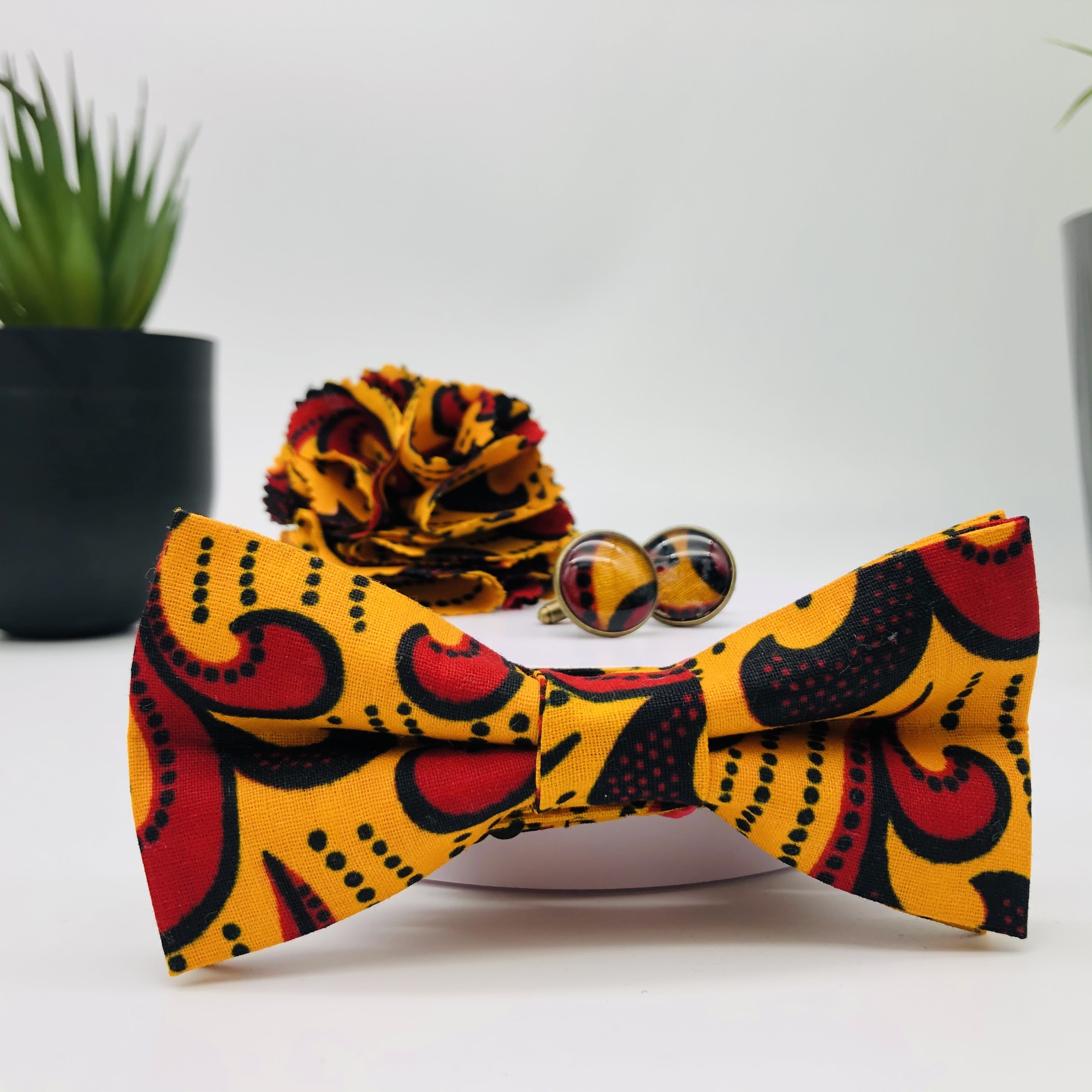 Khoho African Print Bow Tie, Cufflink and Lapel Boutonniere Set - Image 3