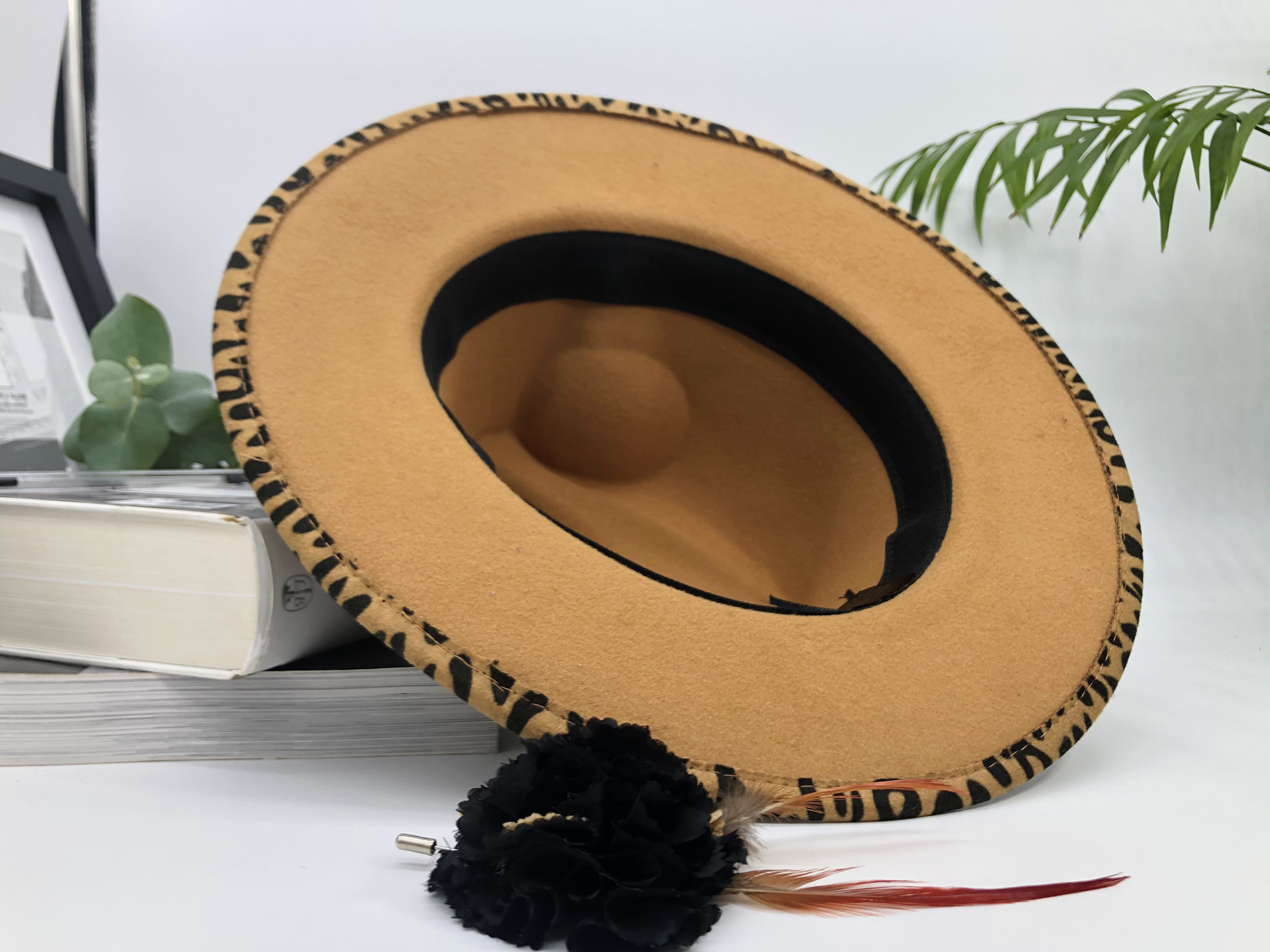 Mbada Beige Fedora Hat hat with removable pheasant feather pin - Image 8