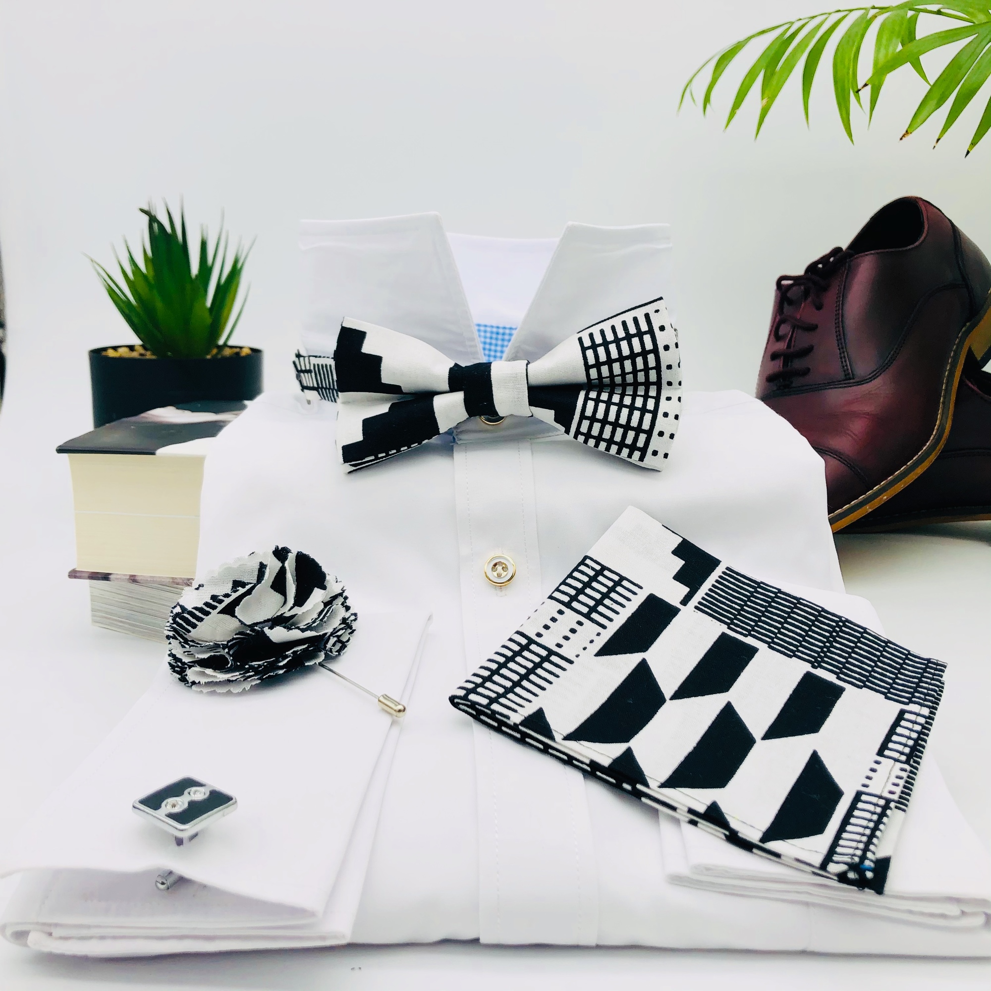 Monochrome Kente Deluxe African Print Bow Tie, Cufflink, Pocket Square and Lapel  Boutonniere Set