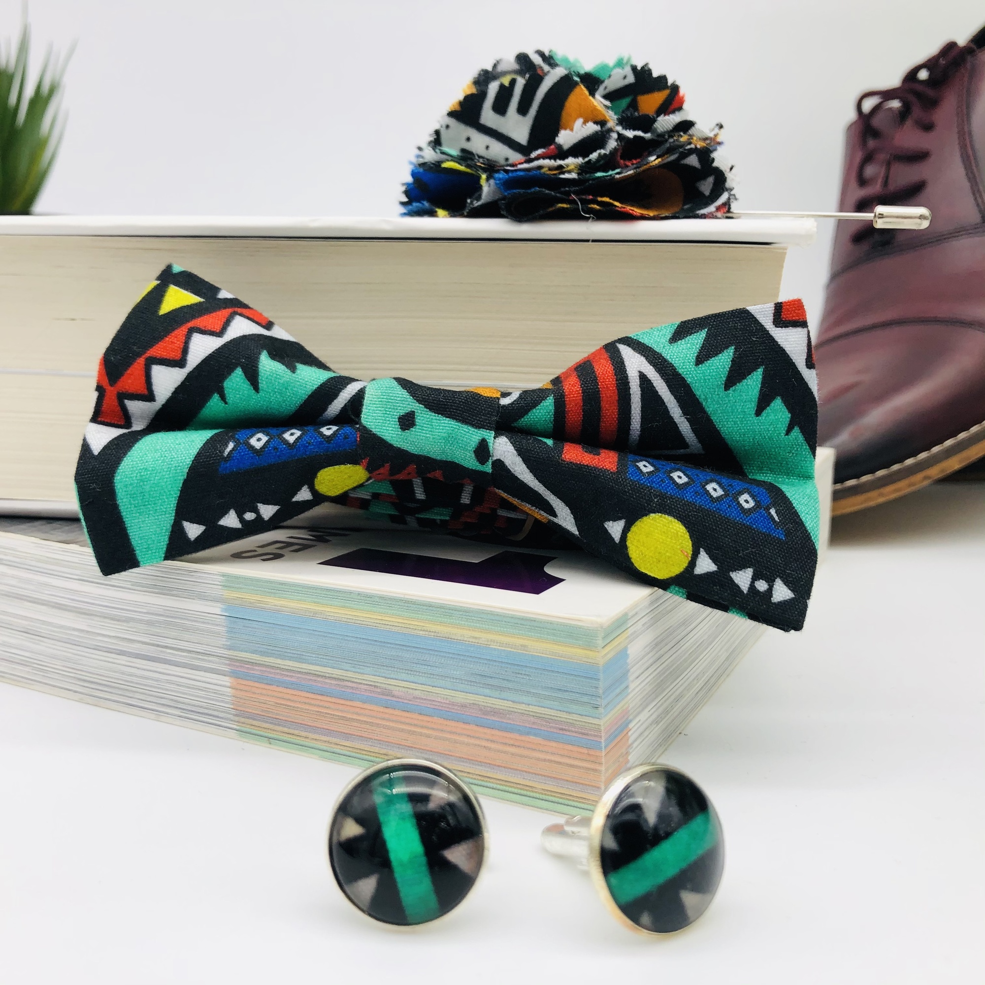 Ngwena African Print Bow Tie, Cufflink and Lapel Boutonniere Set