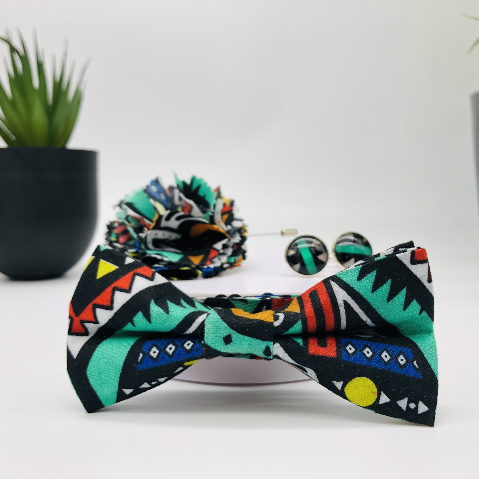 Ngwena African Print Bow Tie, Cufflink and Lapel Boutonniere Set - Image 6
