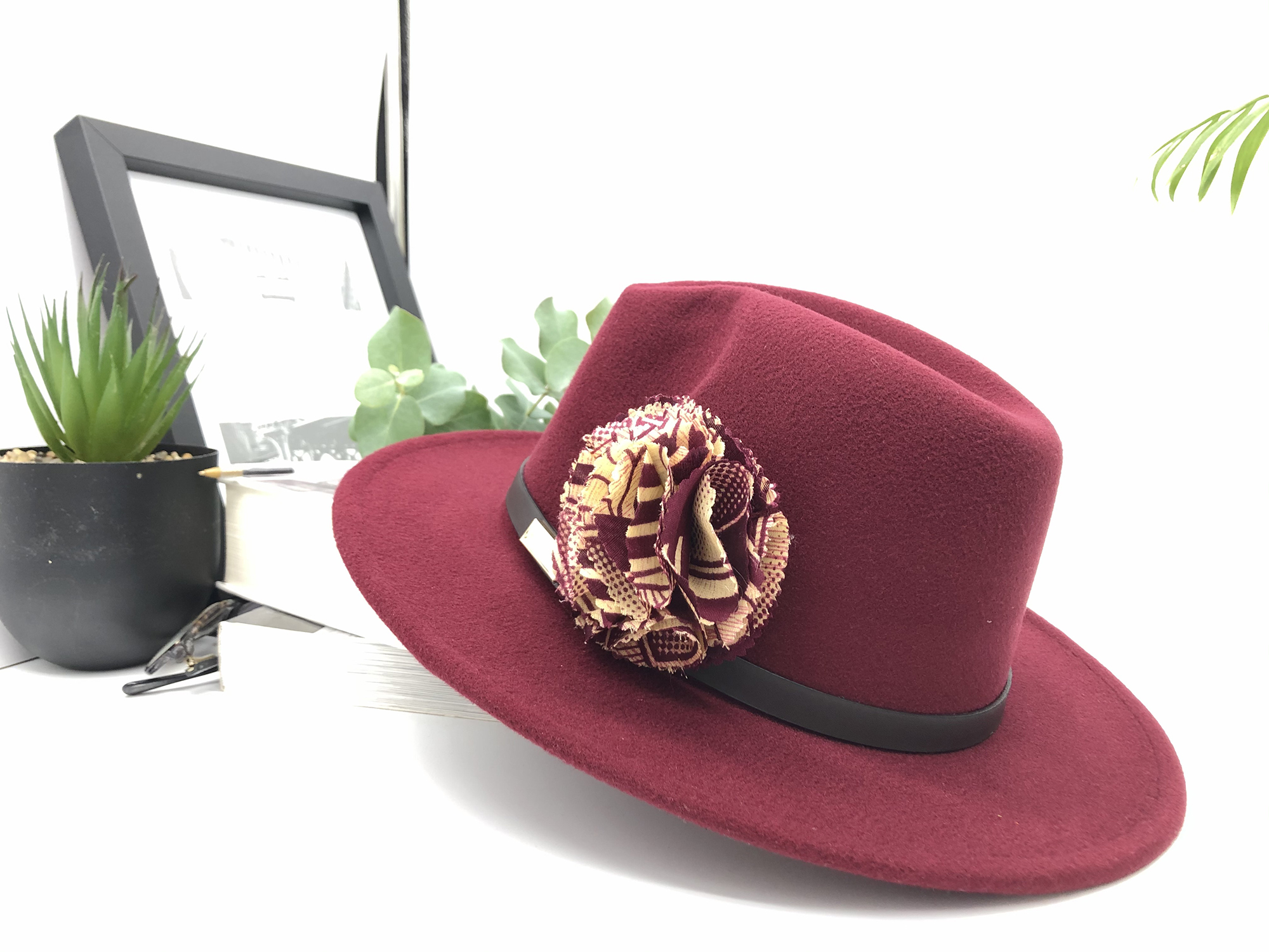 Plum Fedora Hat with Removable Chitenge African Print Pin