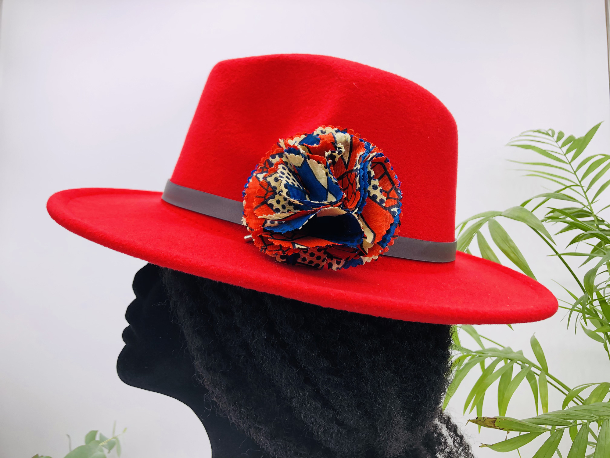Ruby Red Fedora Hat with Removable Kanga African Print Pin - Image 3