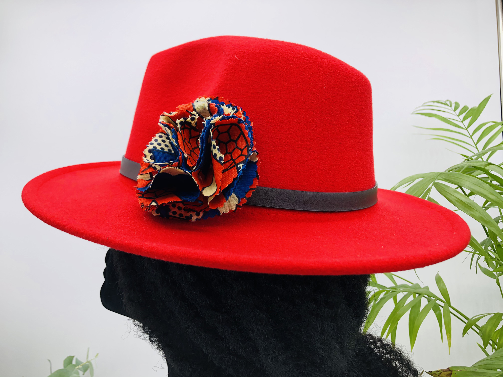 Ruby Red Fedora Hat with Removable Kanga African Print Pin - Image 5