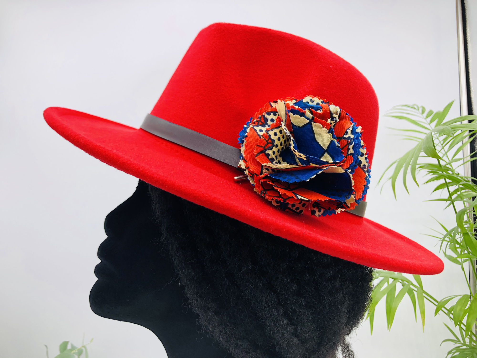Ruby Red Fedora Hat with Removable Kanga African Print Pin - Image 4