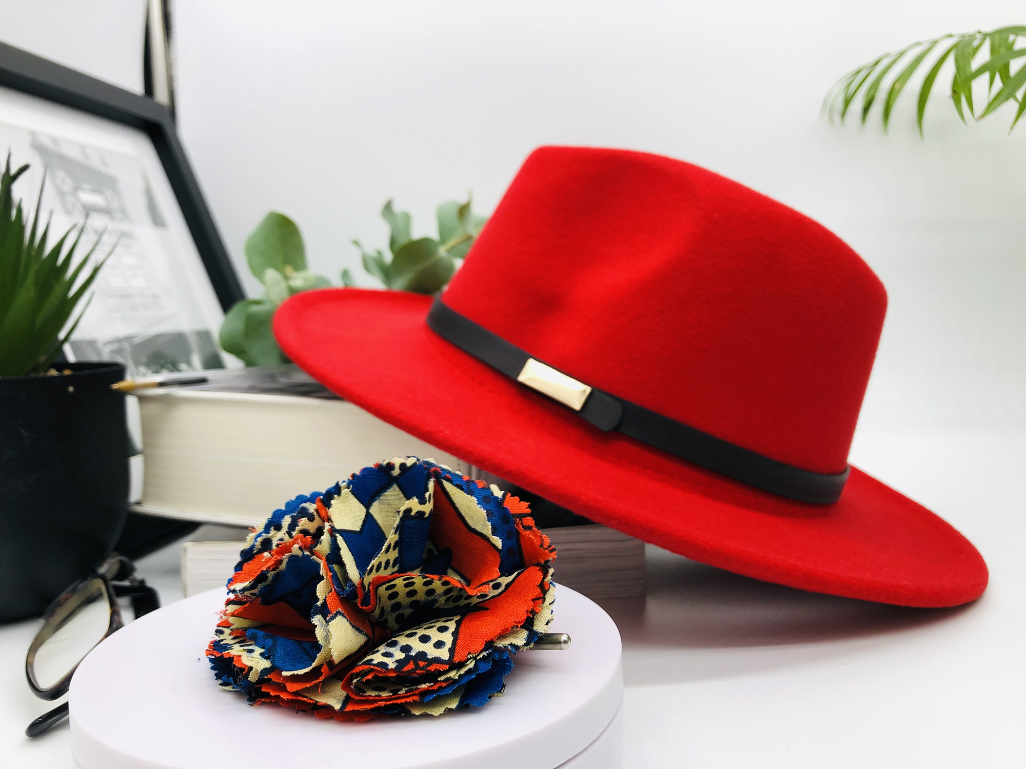 Ruby Red Fedora Hat with Removable Kanga African Print Pin - Image 10