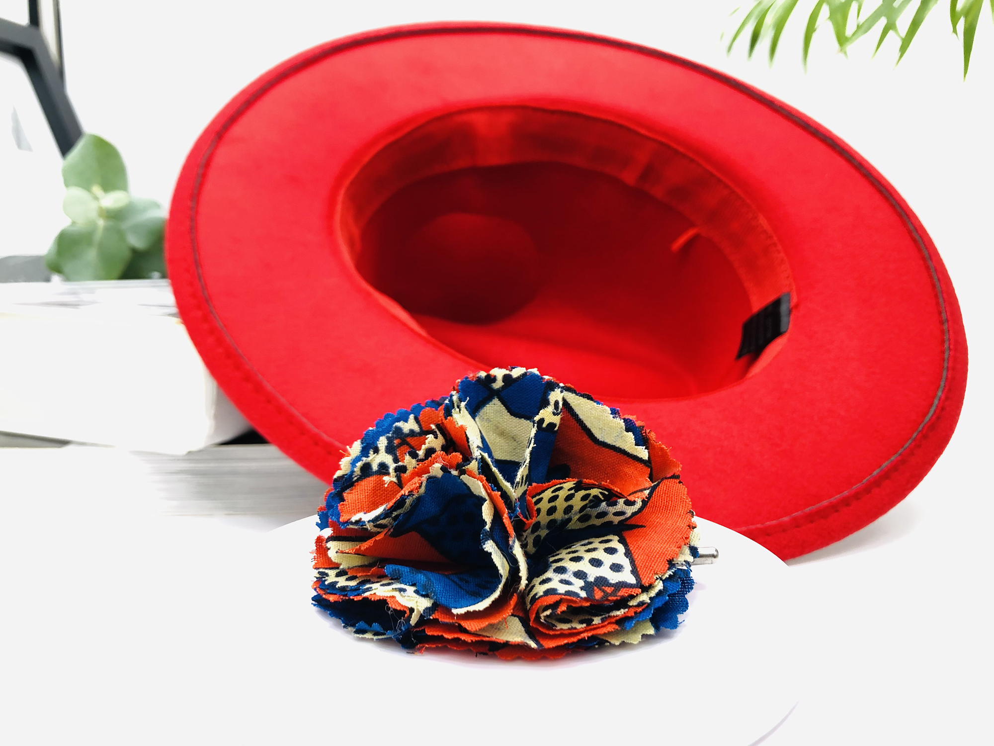 Ruby Red Fedora Hat with Removable Kanga African Print Pin - Image 9
