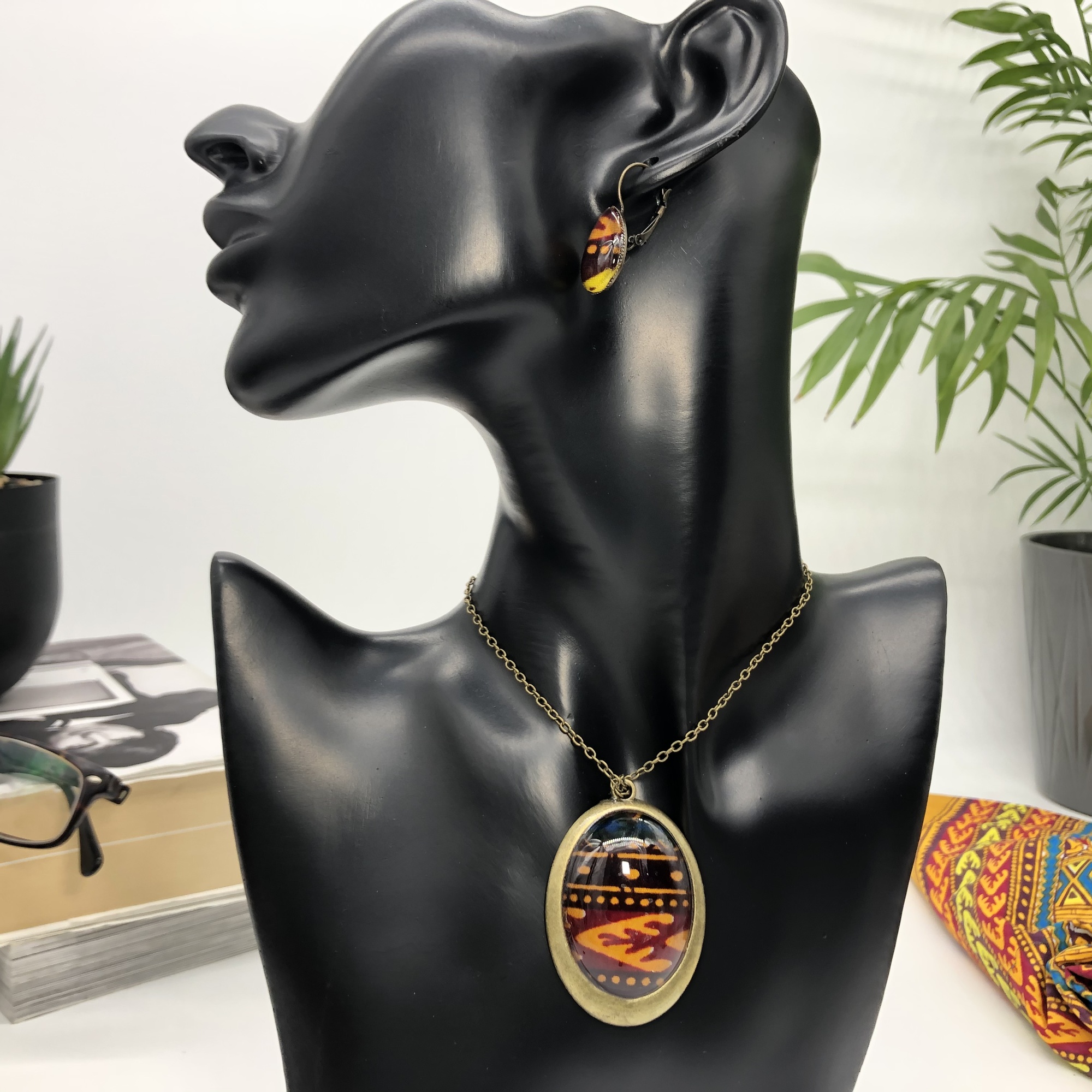 Dashiki 30x40mm Antique bronze African Print Style Pendant and Earring Set