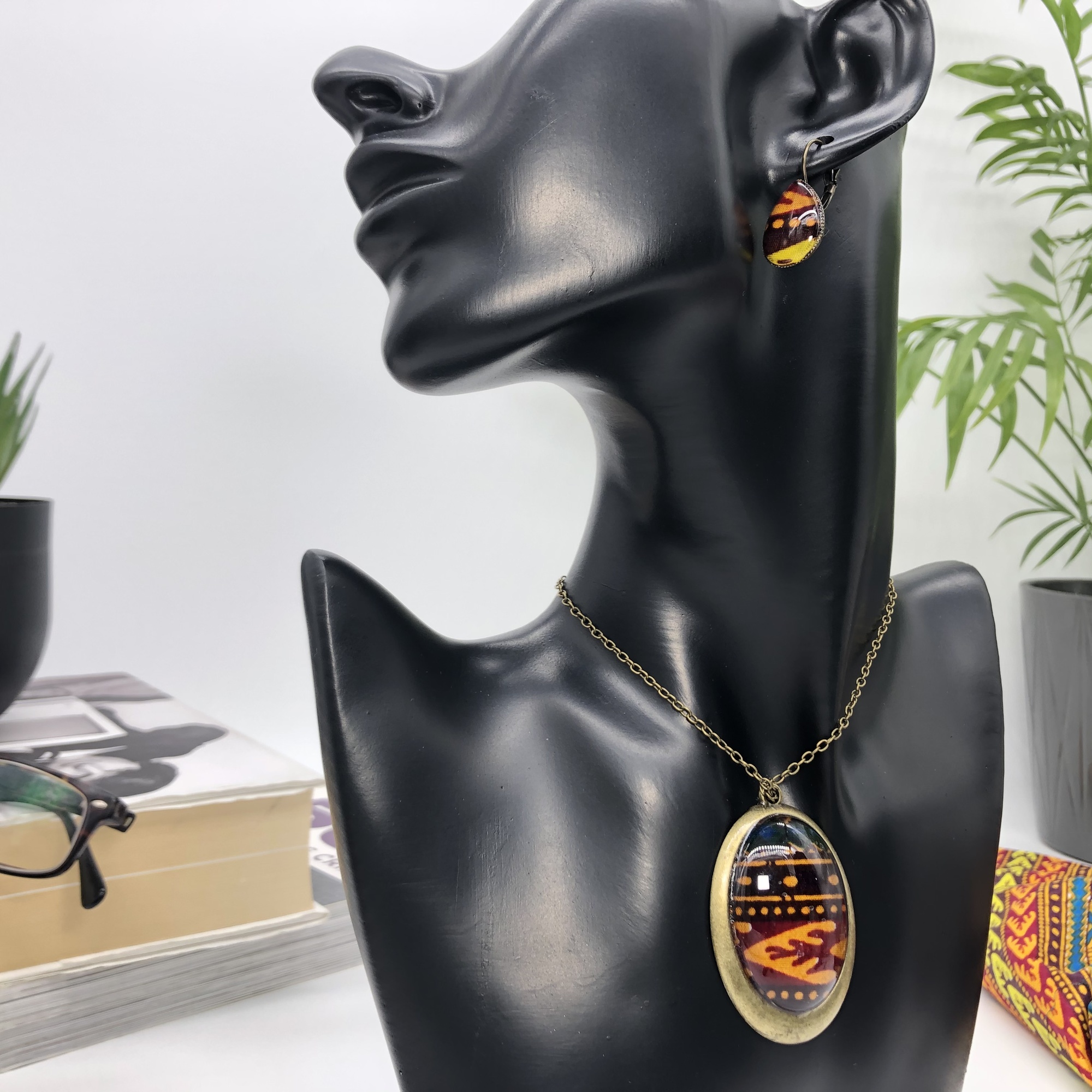 Dashiki 30x40mm Antique bronze African Print Style Pendant and Earring Set - Image 5
