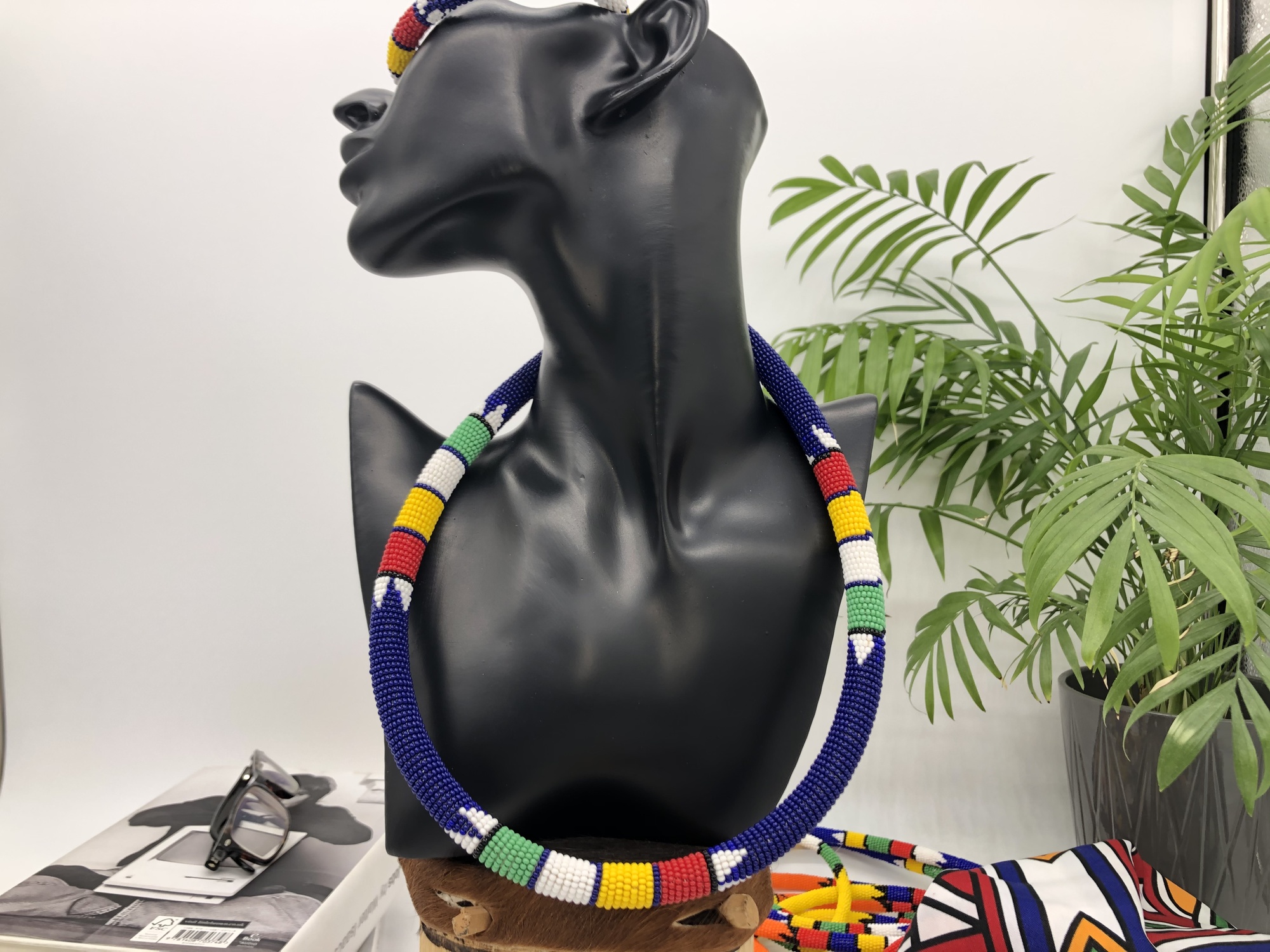 African beaded Zulu necklace & bracelet set - blue