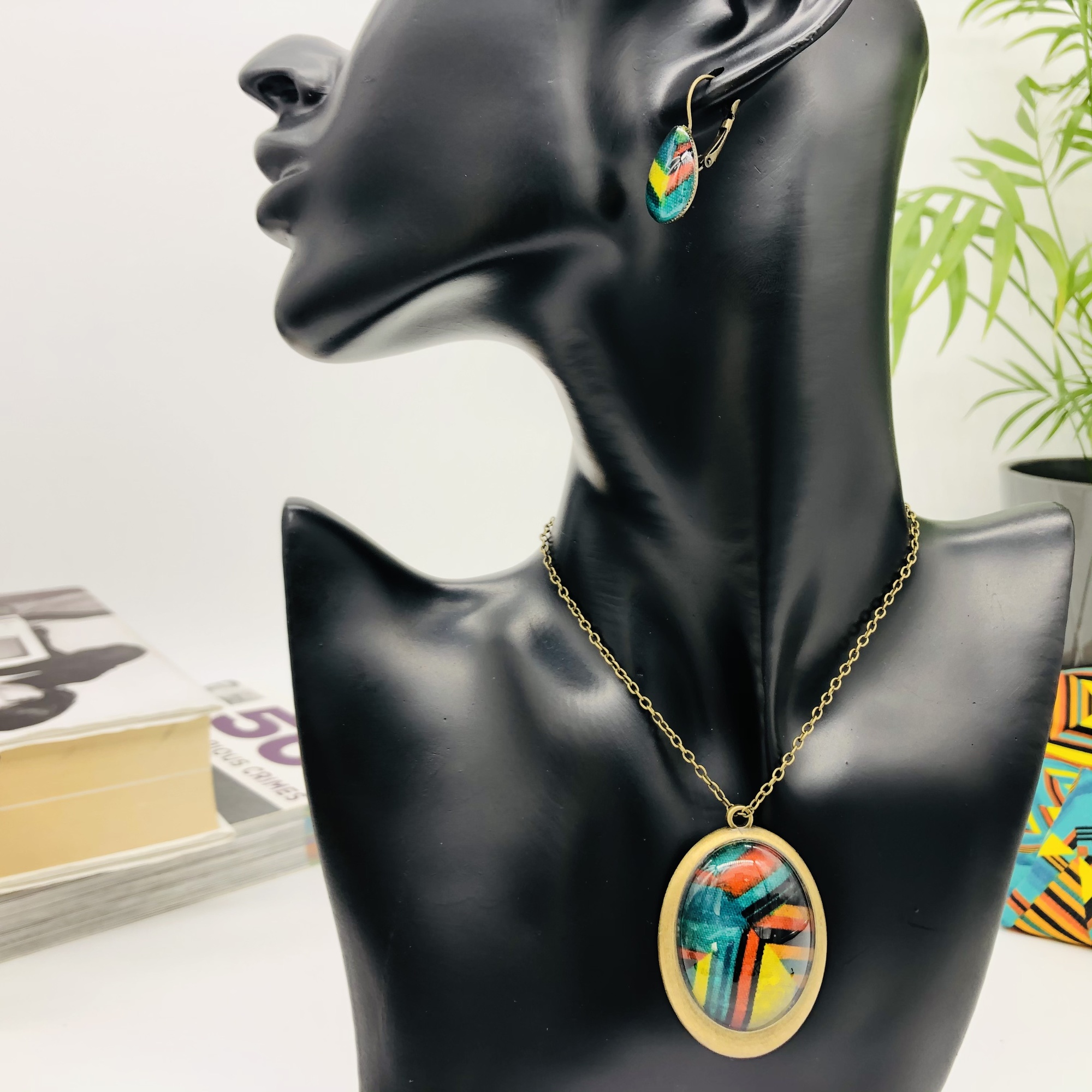 Kenterised 30x40mm Antique bronze African Print Style Pendant and Earring Set
