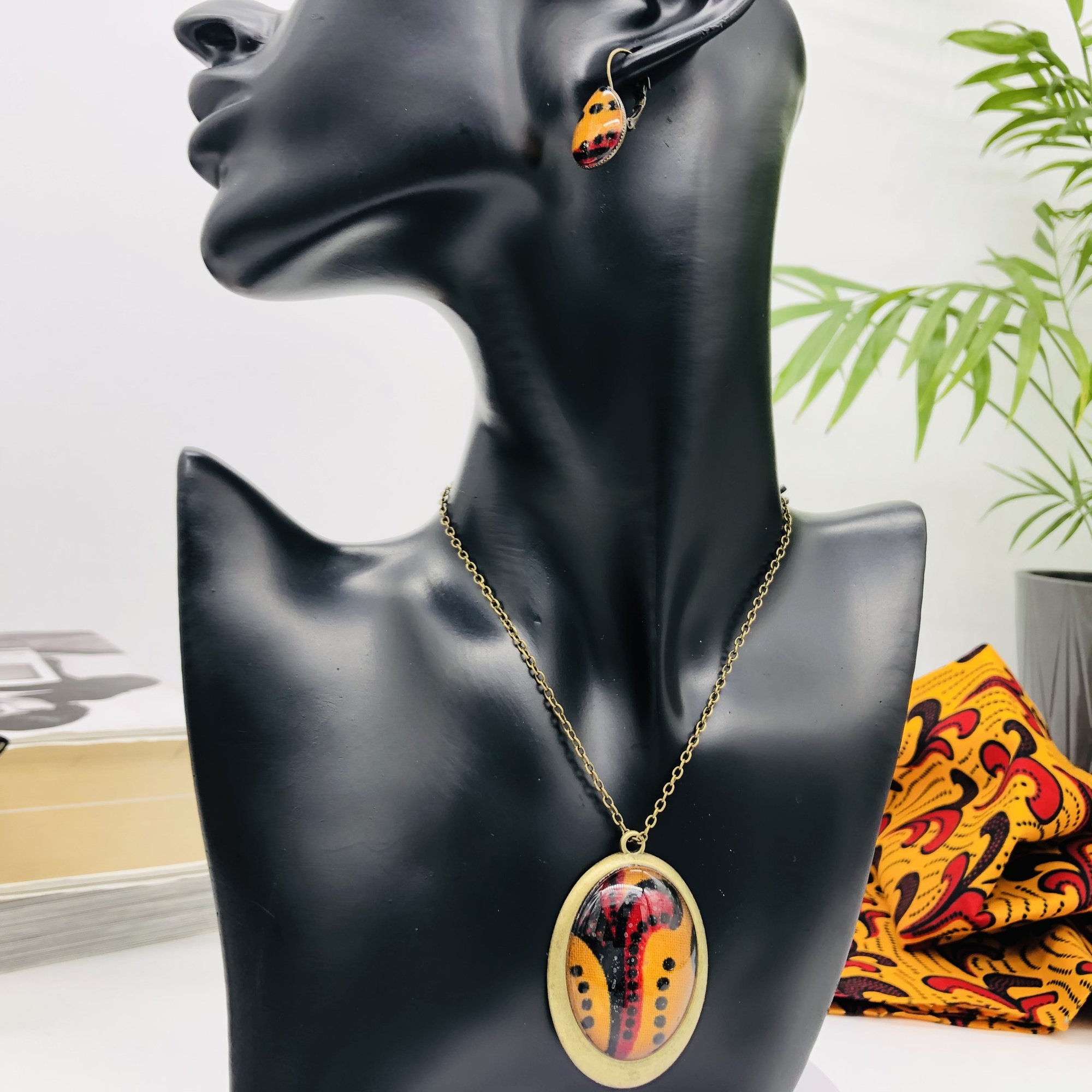 Khoho 30x40mm Antique bronze African Print Style Pendant and Earring Set