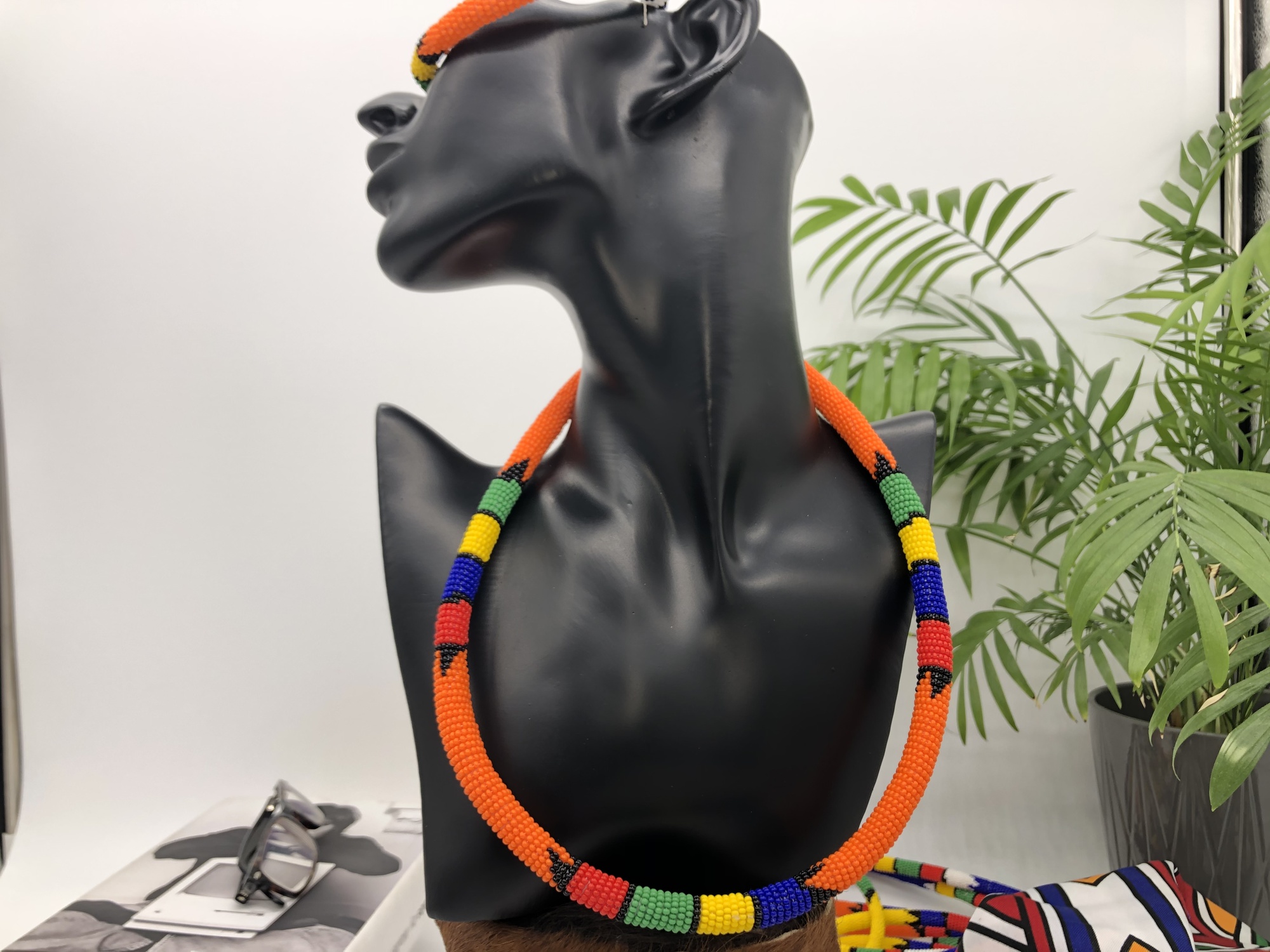 African beaded Zulu necklace & bracelet set - orange