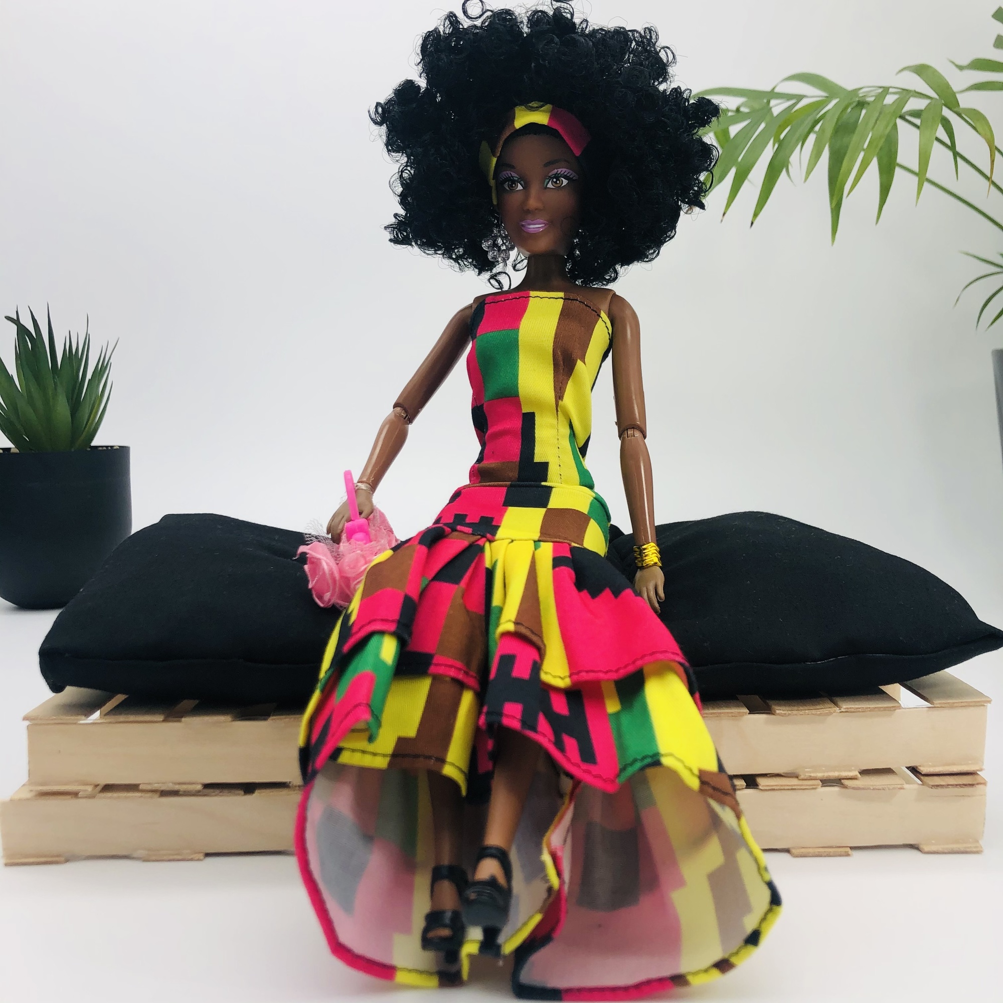 WaMambo 12" Can Move Doll - with Sleeveless African Print Godet Dress - Image 7
