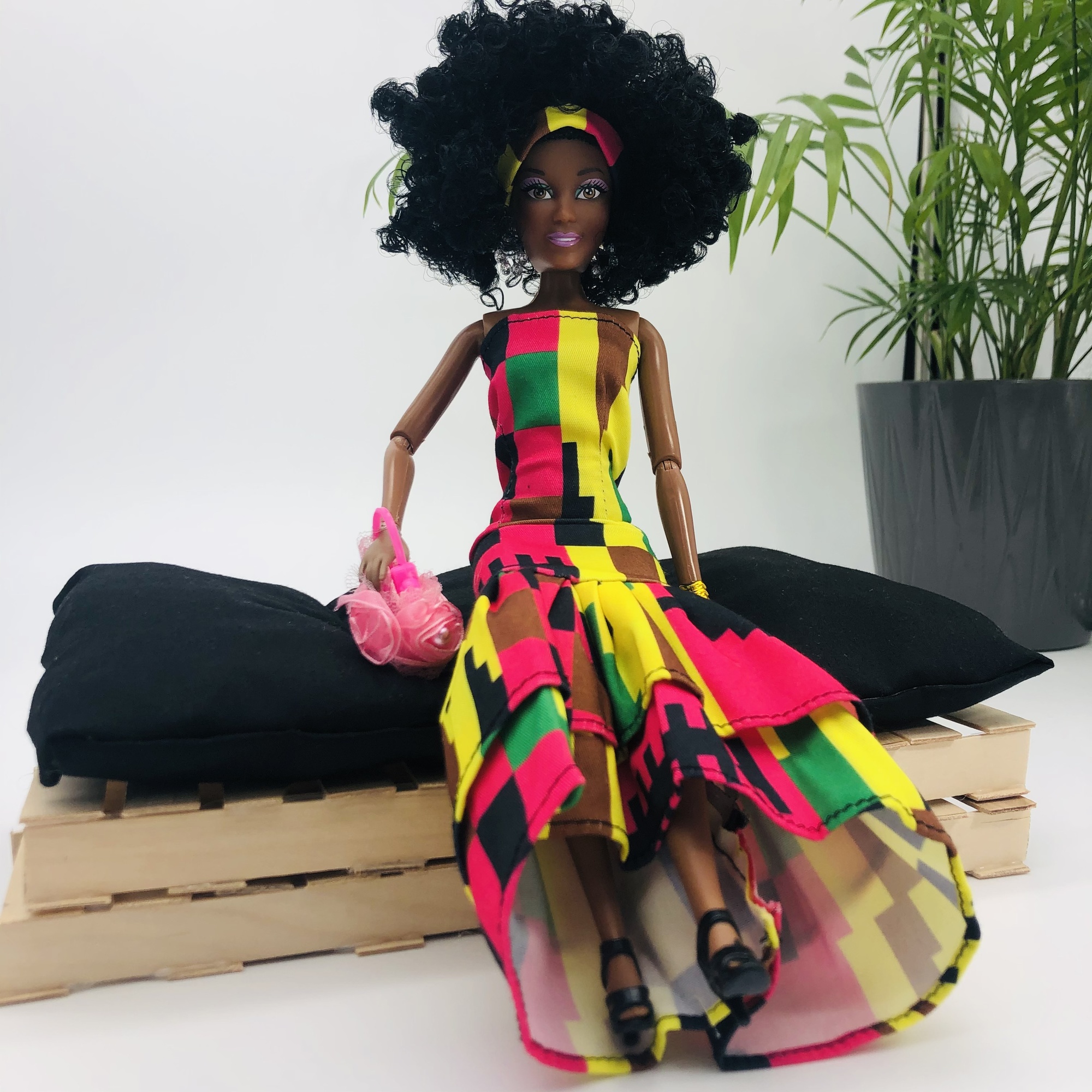 WaMambo 12" Can Move Doll - with Sleeveless African Print Godet Dress - Image 8