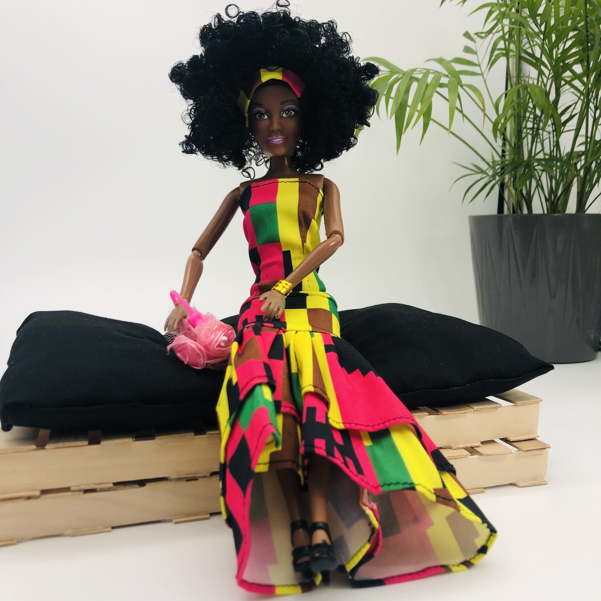 WaMambo 12" Can Move Doll - with Sleeveless African Print Godet Dress - Image 9