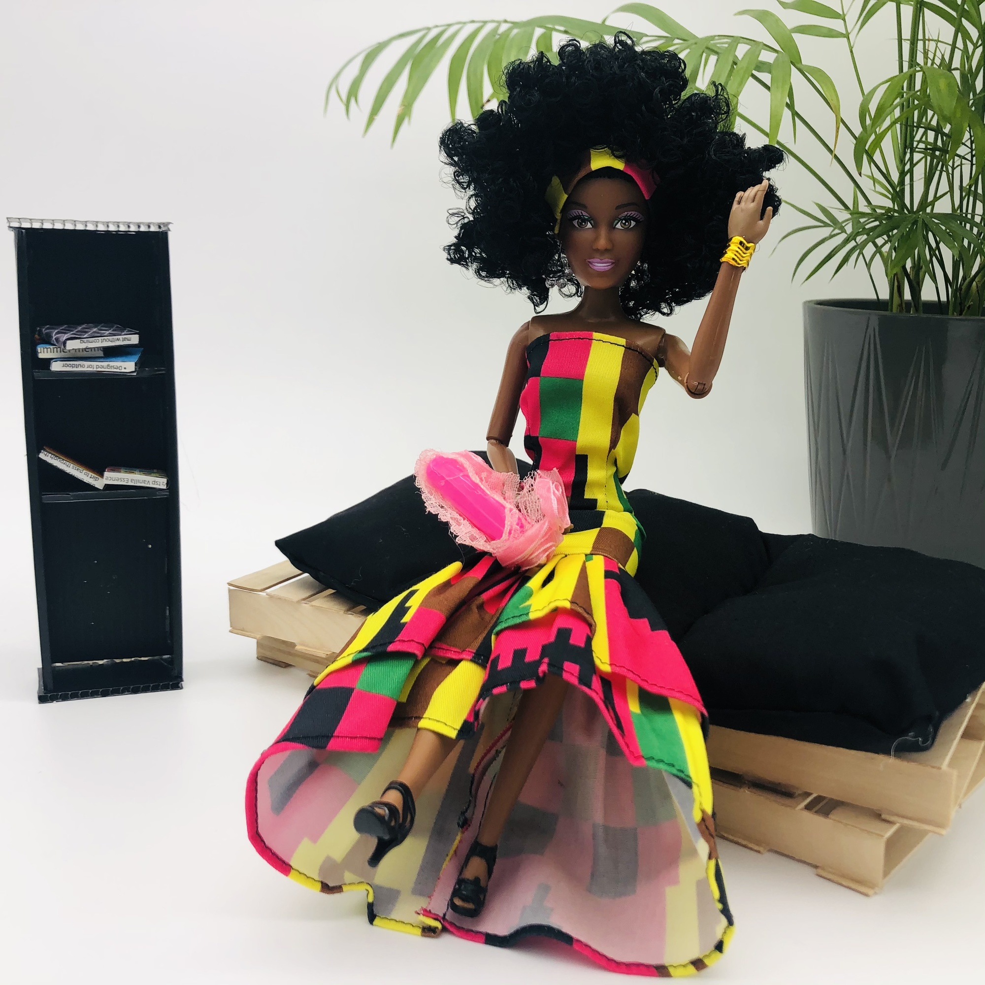 WaMambo 12" Can Move Doll - with Sleeveless African Print Godet Dress - Image 6