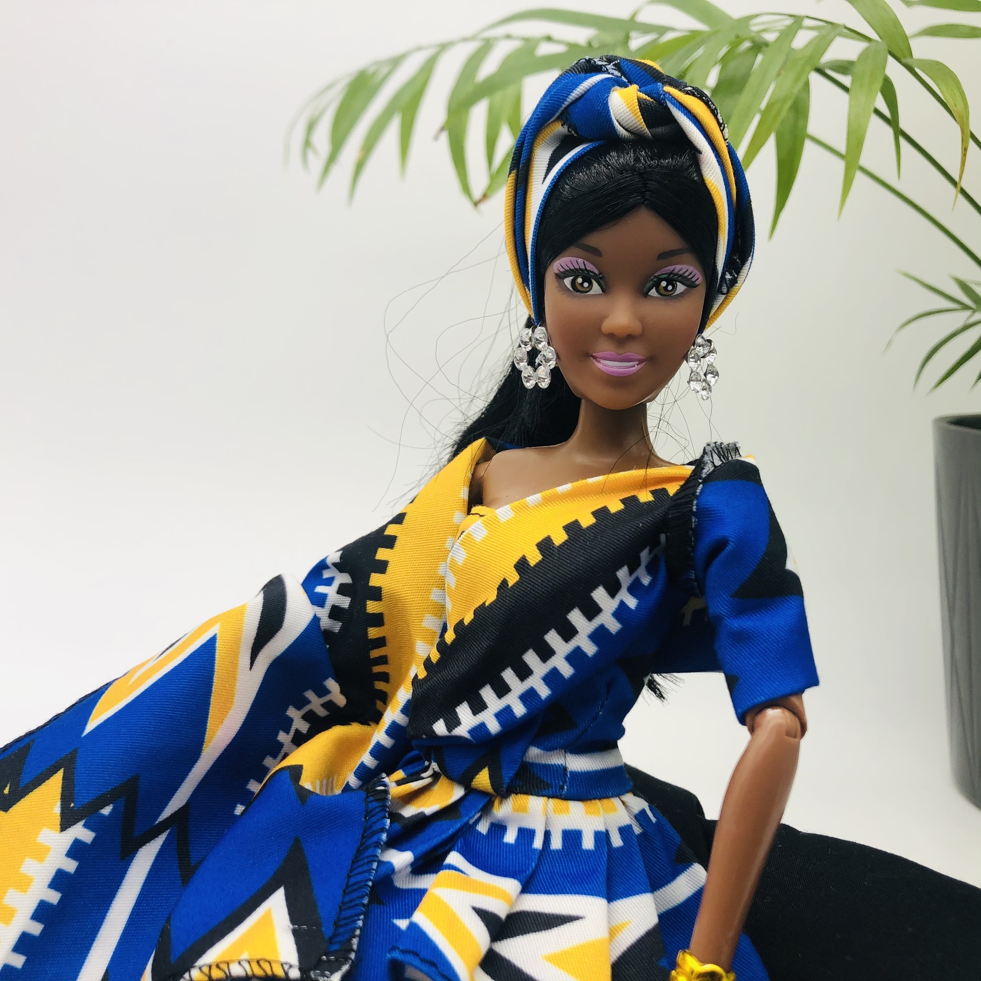 WaMambo  12" Can Move Doll - with African Print Peplum Dress and Head Wrap - Image 3